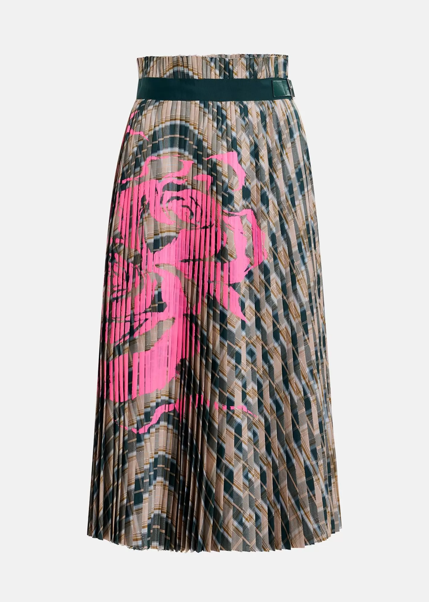 New Beige and dark green checked pleated skirt with floral print Fall 2024 Collection | Skirts