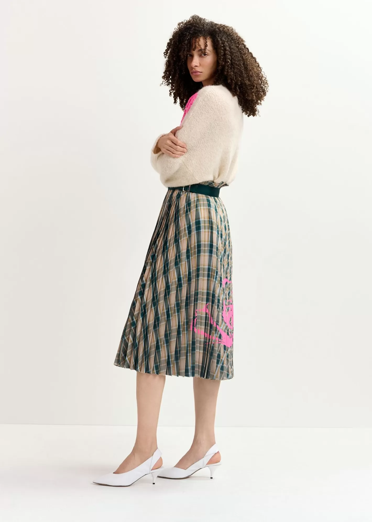 New Beige and dark green checked pleated skirt with floral print Fall 2024 Collection | Skirts
