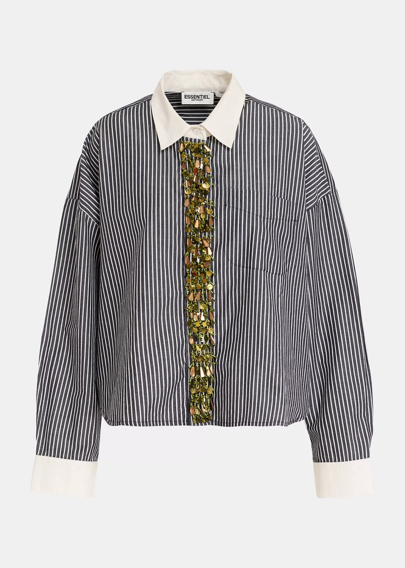 Best Black and off-white striped cotton shirt with embellished button placket Fall 2024 Collection | Tops & Blouses