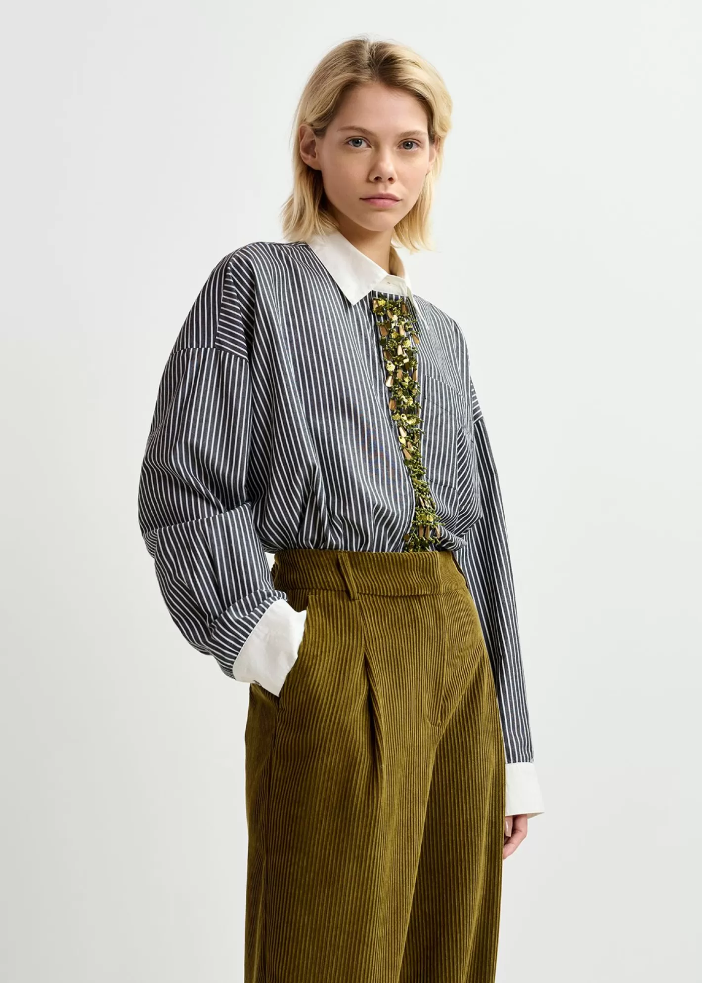 Best Black and off-white striped cotton shirt with embellished button placket Fall 2024 Collection | Tops & Blouses