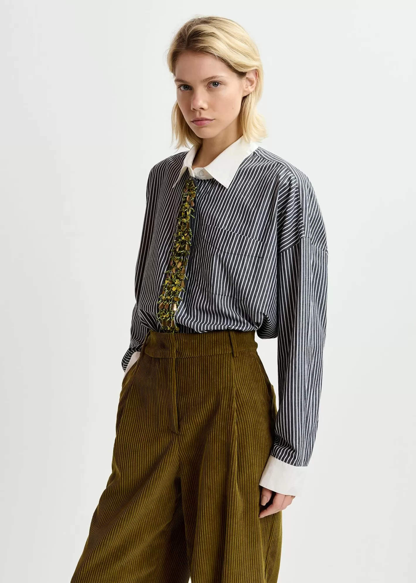 Best Black and off-white striped cotton shirt with embellished button placket Fall 2024 Collection | Tops & Blouses