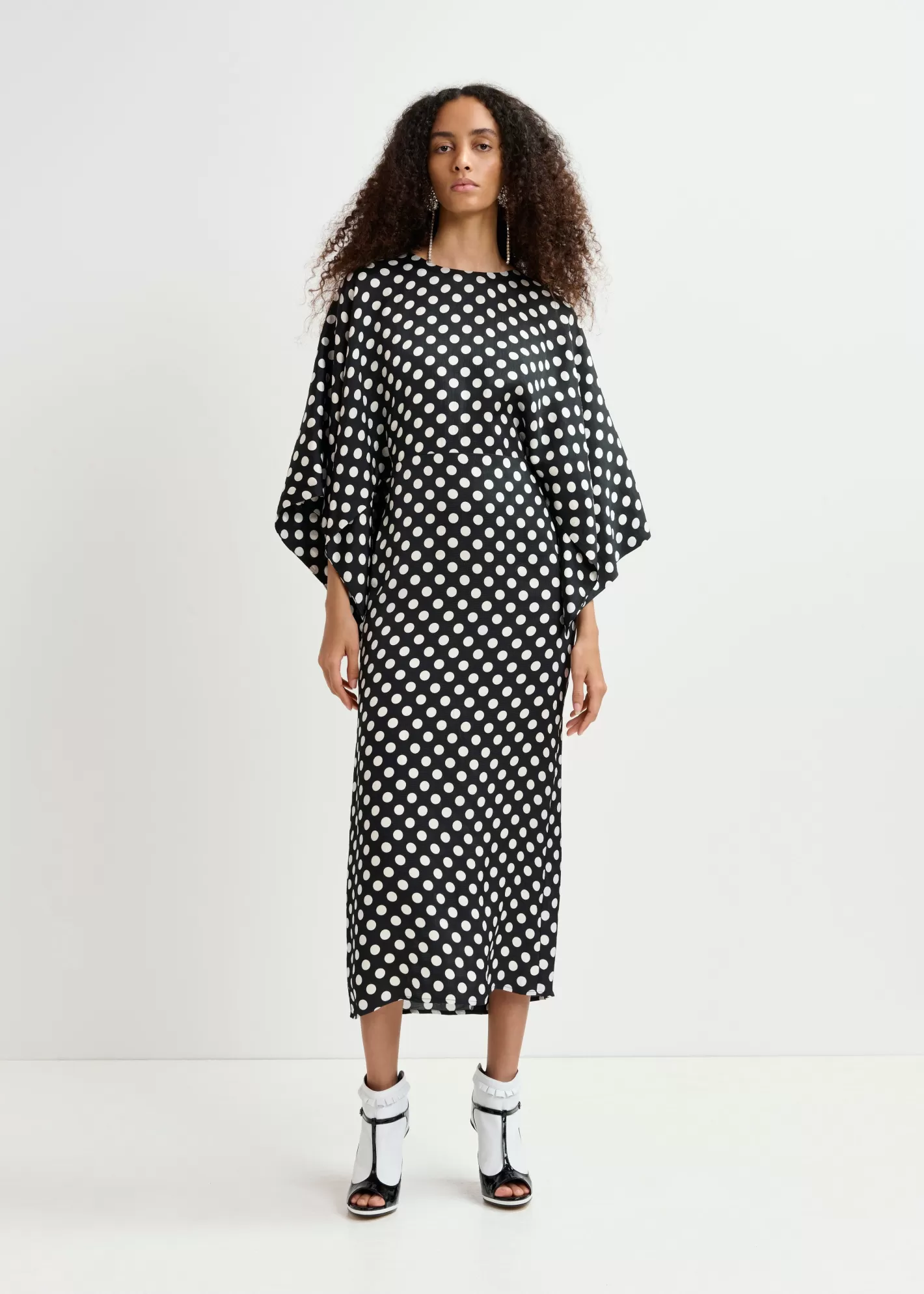 Best Black and white polka-dot midi dress with kimono sleeves Partywear | Dresses