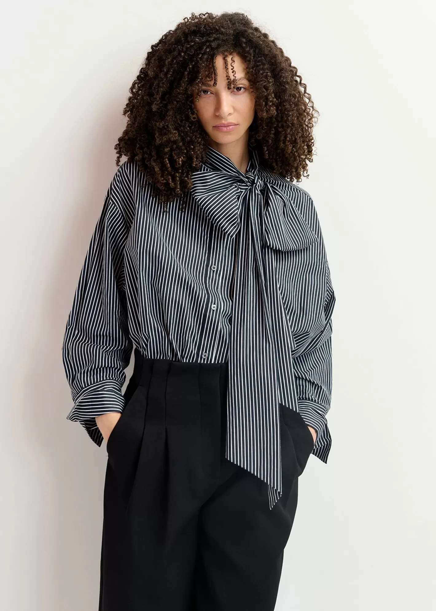 Best Sale Black and white striped cotton shirt with pussy bow Fall 2024 Collection | Tops & Blouses