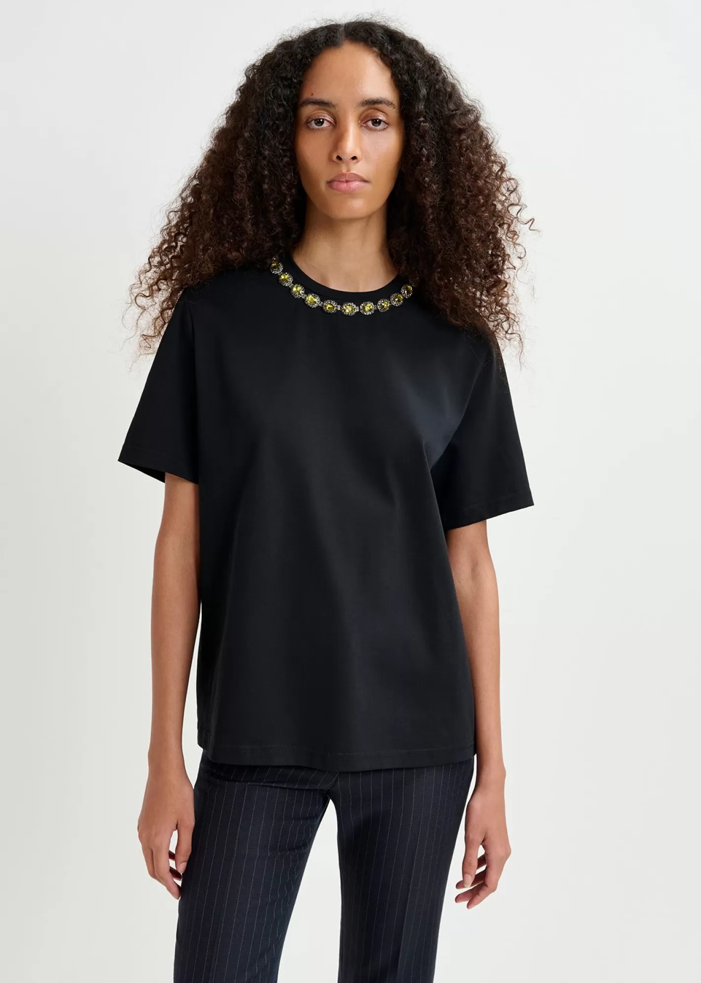 Best Black cotton T-shirt with rhinestone-embellished neckline Fall 2024 Collection | T-shirts