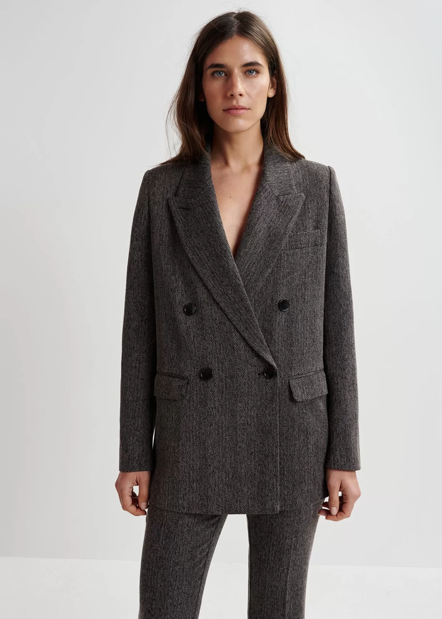 Shop Black herringbone double-breasted blazer Fall 2024 Collection | Partywear