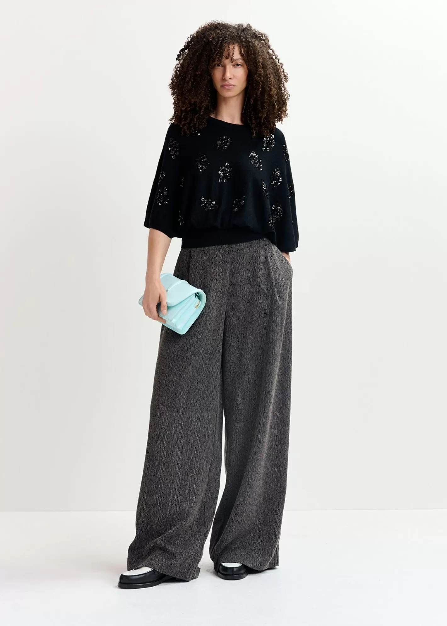 Cheap Black herringbone wide-leg pants Fall 2024 Collection | Pants & Shorts