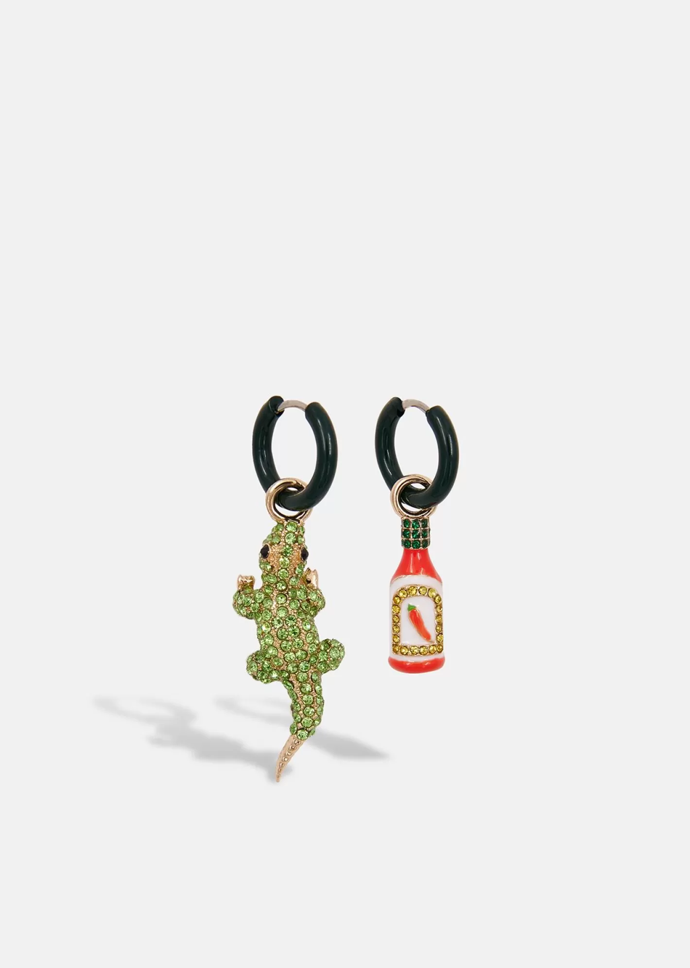 New Black hoop earrings with crocodile and hot sauce pendants Fall 2024 Collection | Jewelry