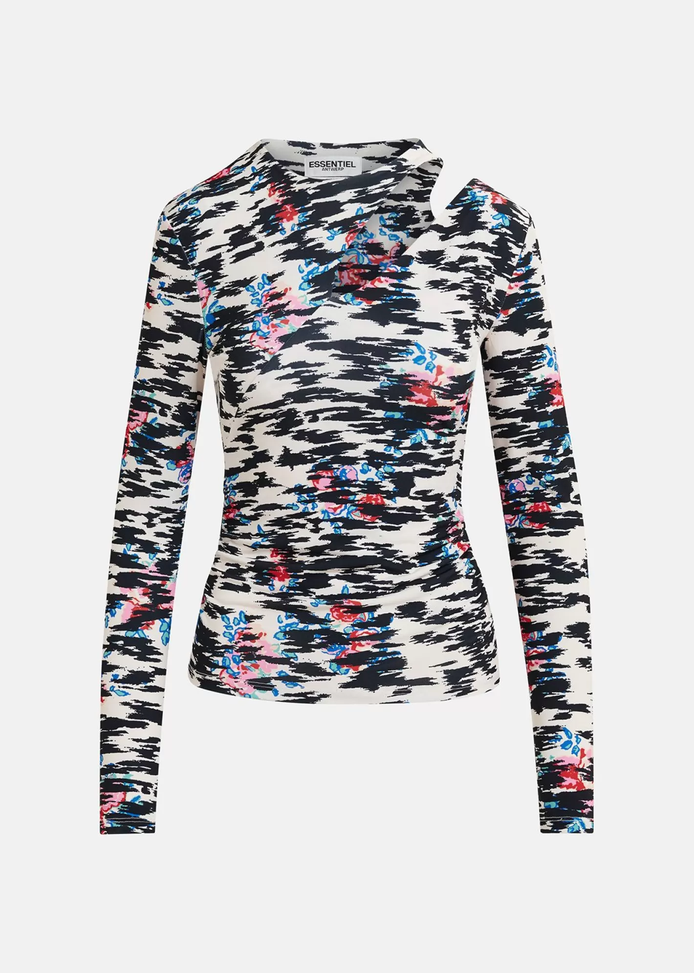 Clearance Black, white and multicolored ruched turtleneck top with zebra-print Prints | T-shirts