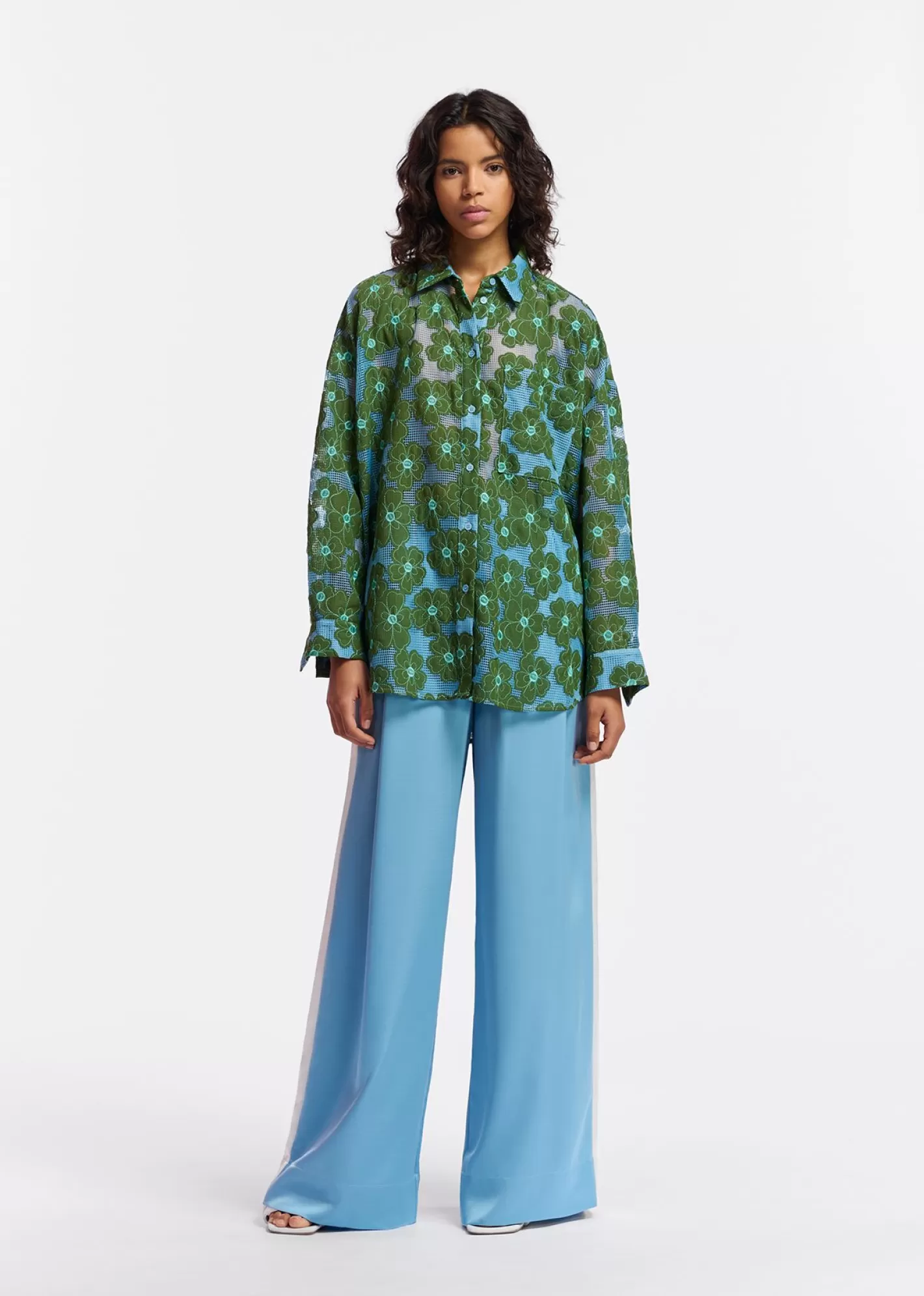 Clearance Blue and green floral-embroidered shirt Tops & Blouses