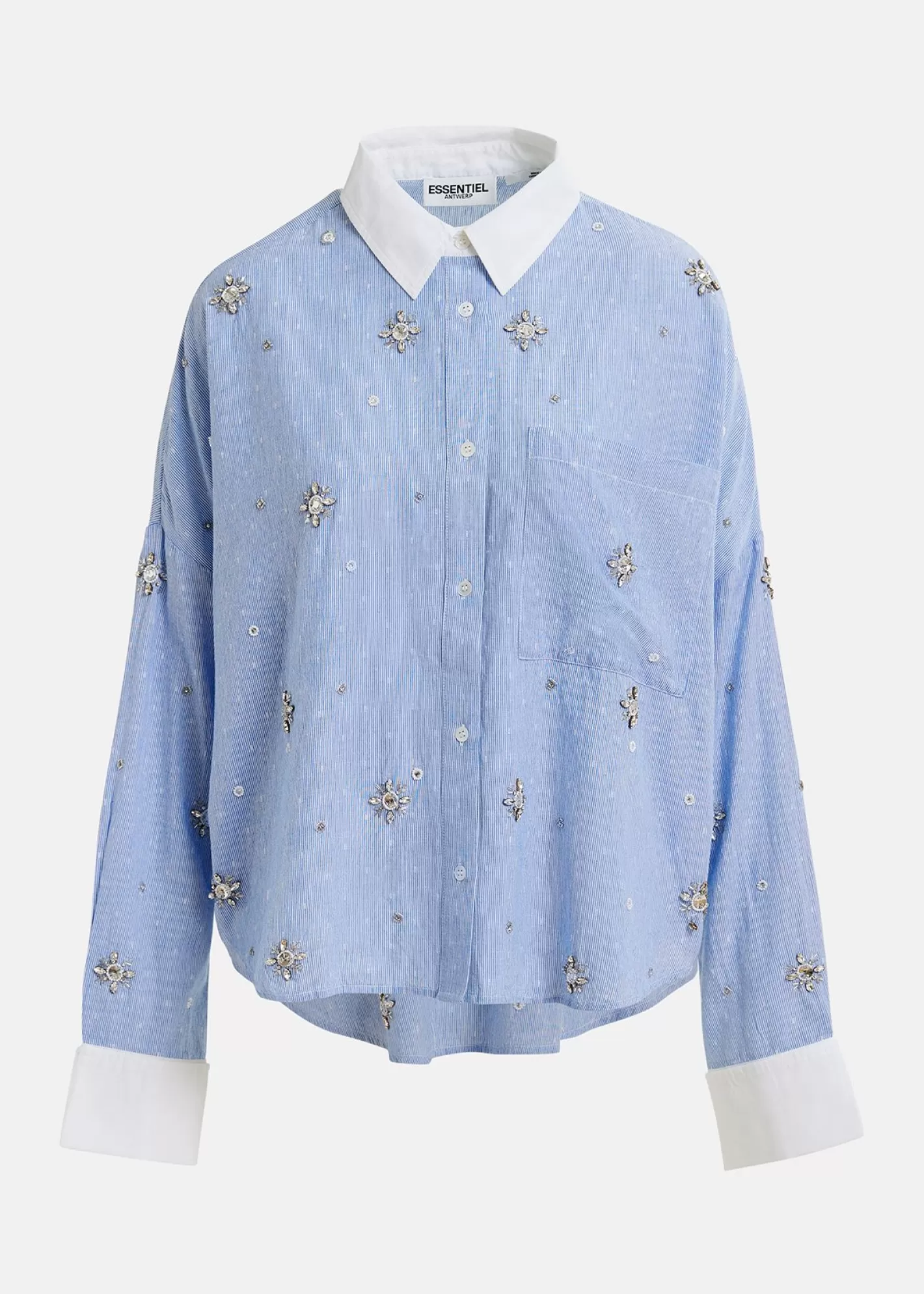 Cheap Blue and white pinstriped cotton shirt with embroidery Tops & Blouses