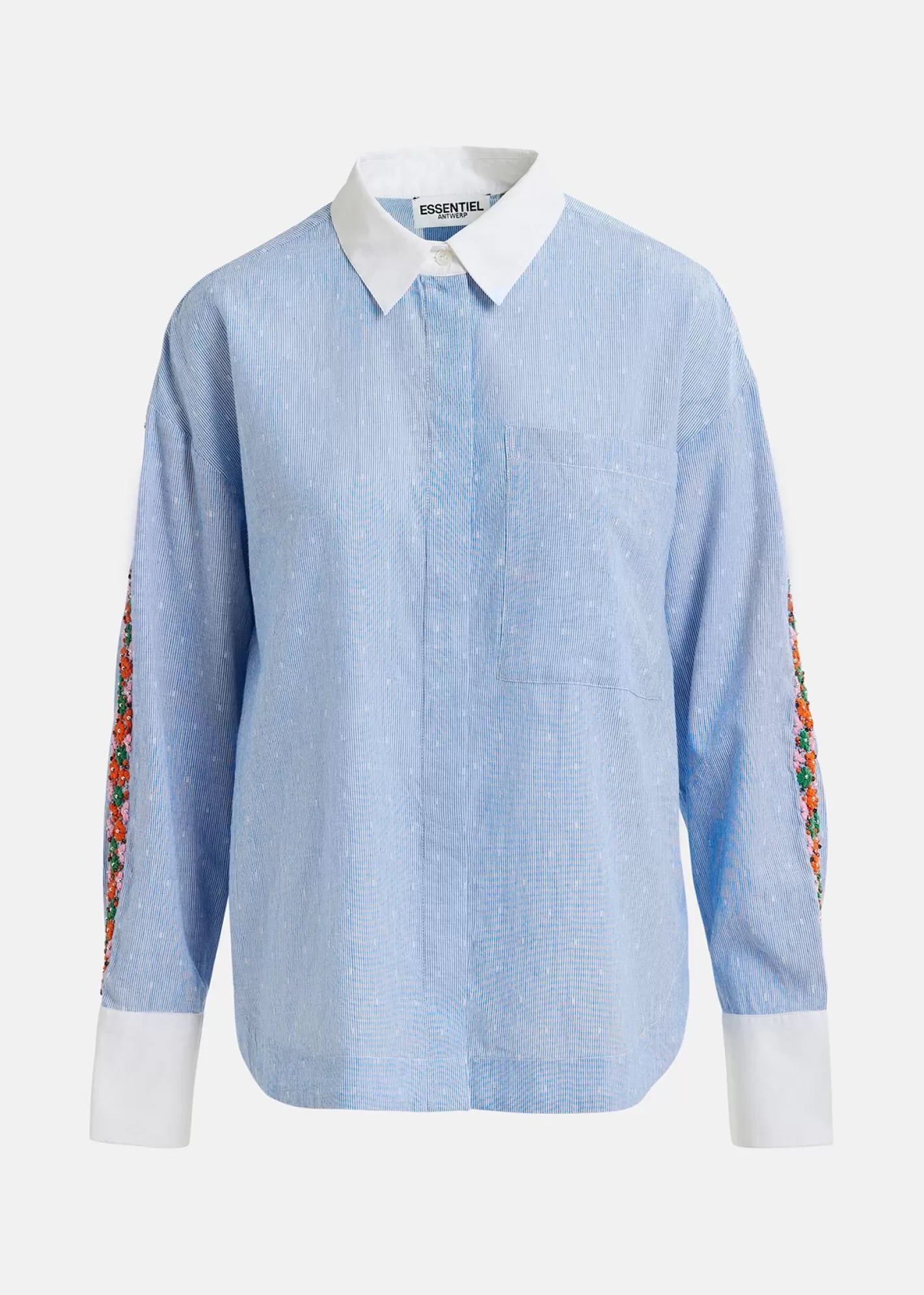 Cheap Blue and white pinstriped cotton shirt with flower embroidery Tops & Blouses