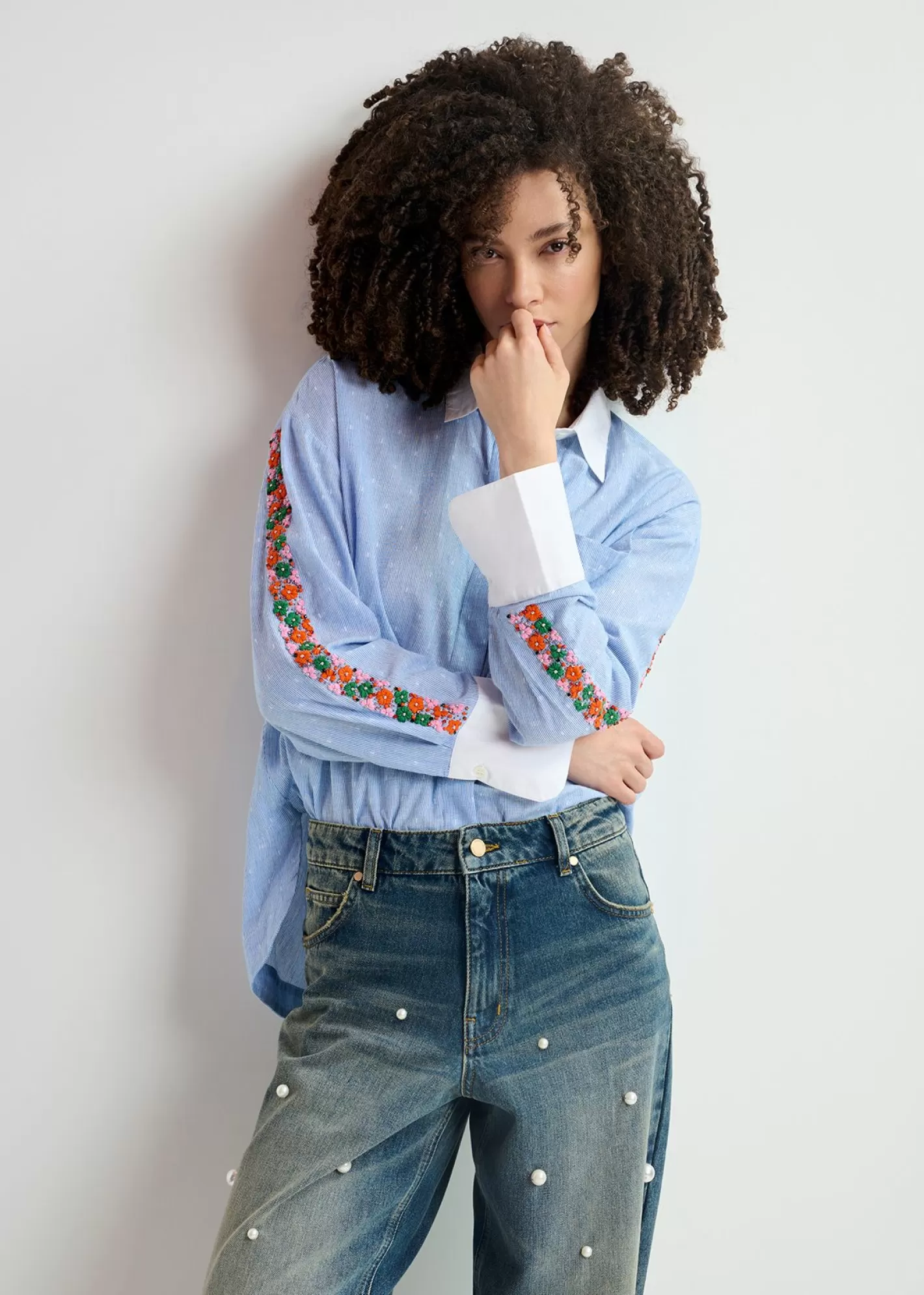 Cheap Blue and white pinstriped cotton shirt with flower embroidery Tops & Blouses