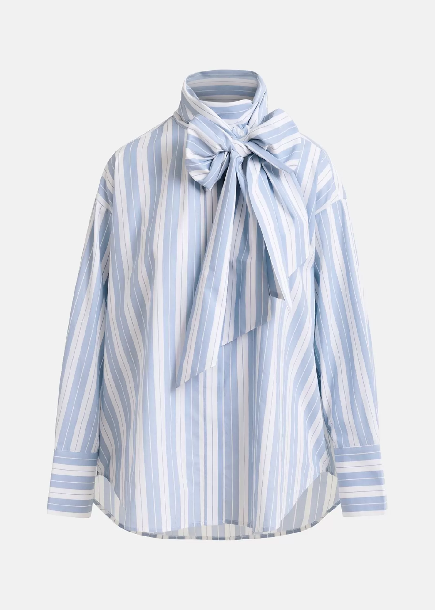 Cheap Blue and white striped cotton shirt with pussy bow Tops & Blouses