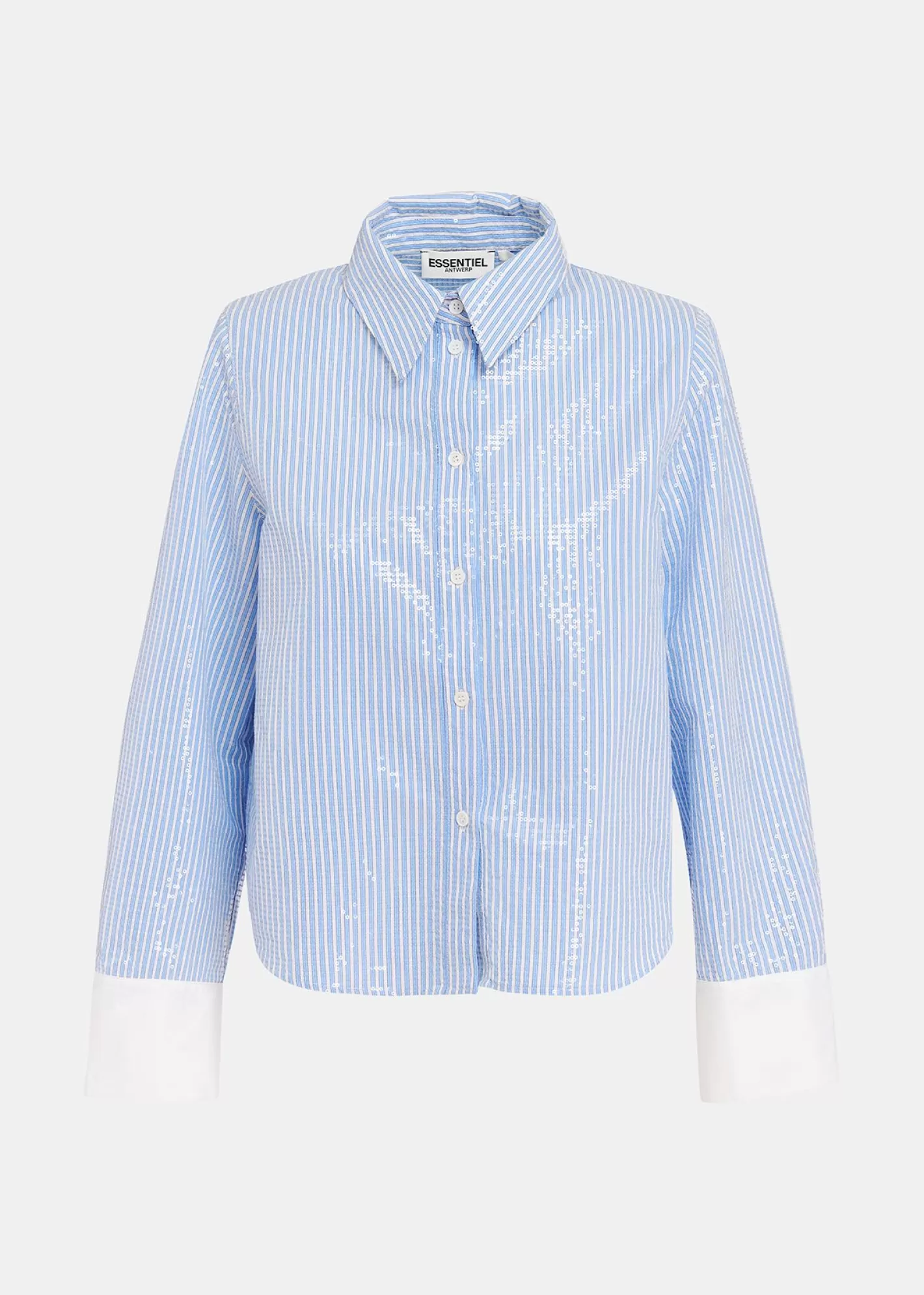 Shop Blue and white striped sequin-embellished shirt Fall 2024 Collection | Tops & Blouses