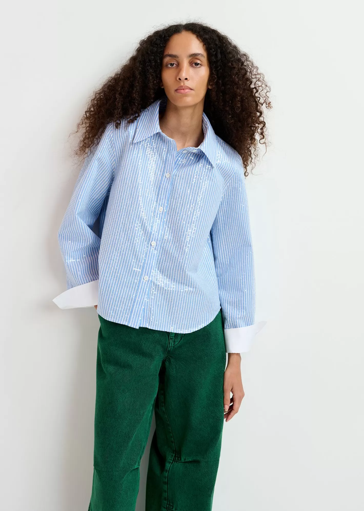 Shop Blue and white striped sequin-embellished shirt Fall 2024 Collection | Tops & Blouses