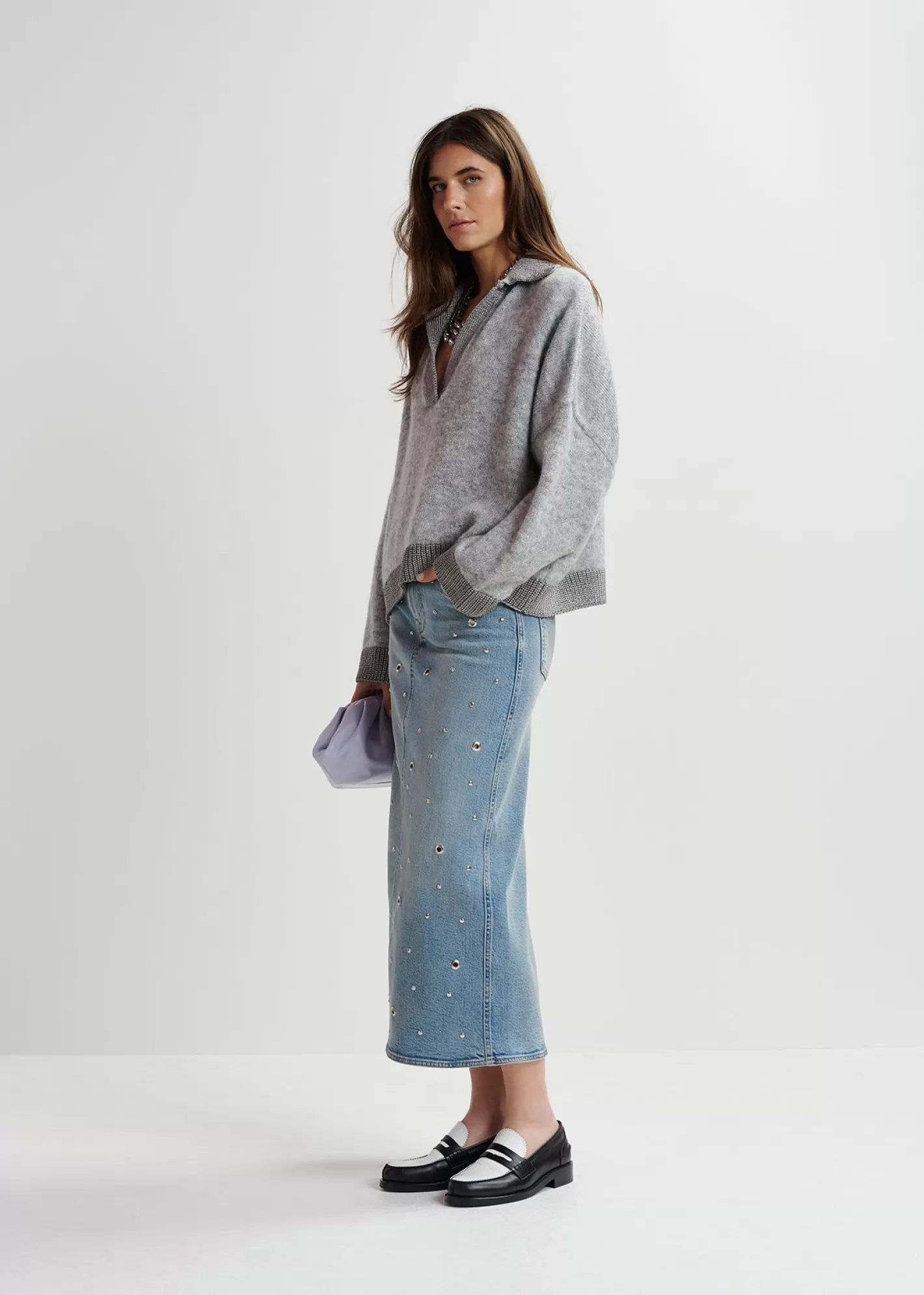 Outlet eyelet-embellished denim midi skirt Fall 2024 Collection | Denim