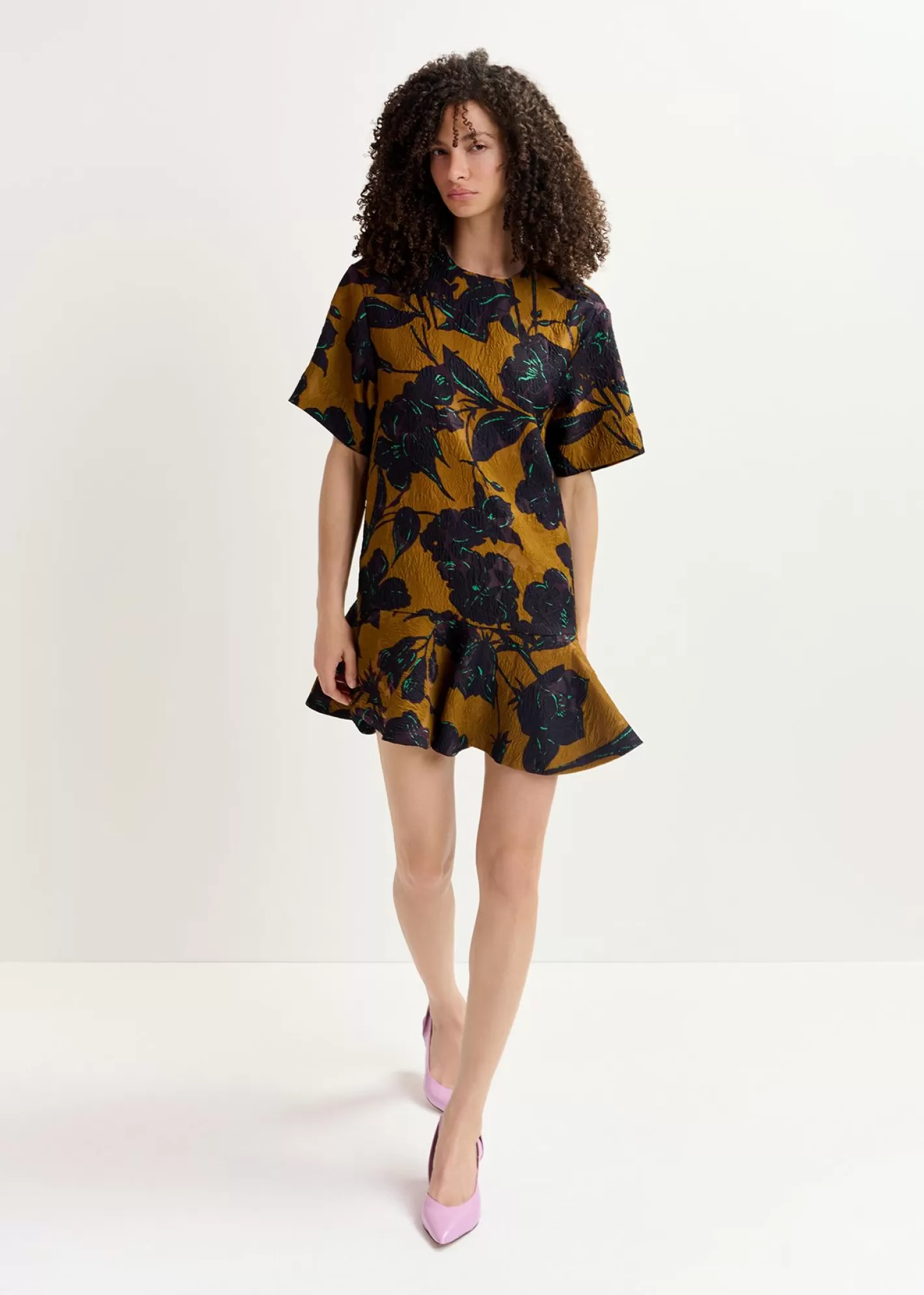 Outlet Bronze and navy blue mini dress with floral print Fall 2024 Collection | Prints