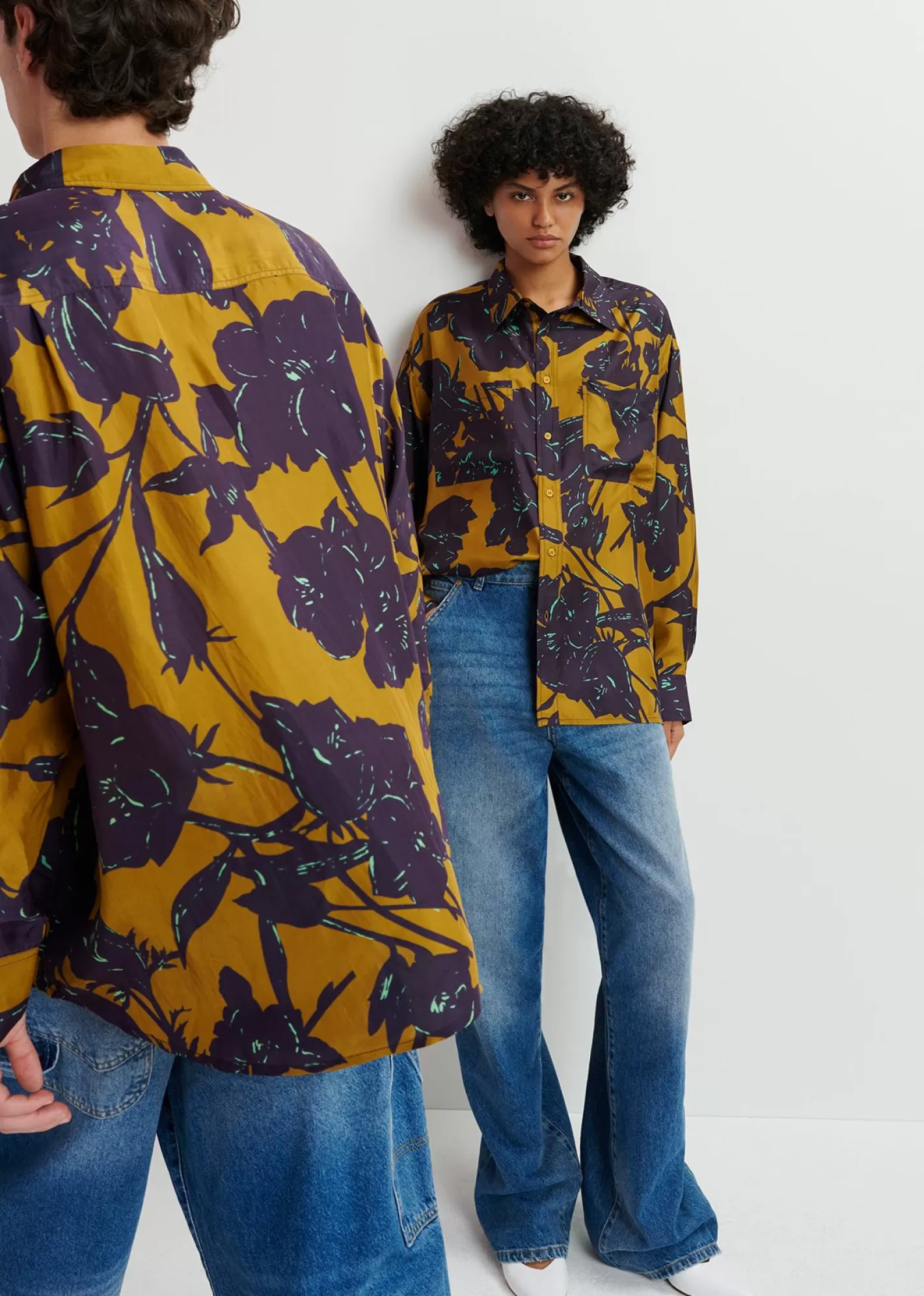 Best Sale Bronze and navy blue silk shirt with floral print FLUID Collection | Prints
