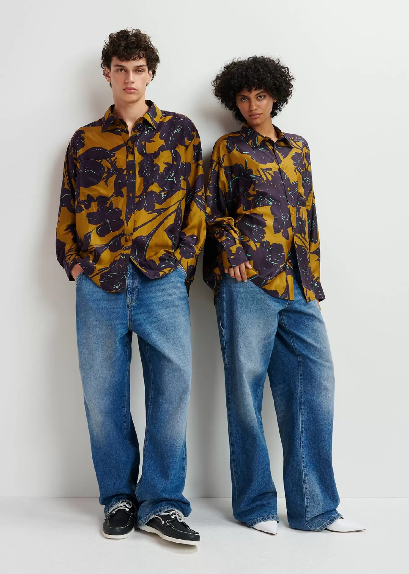 Best Sale Bronze and navy blue silk shirt with floral print FLUID Collection | Prints