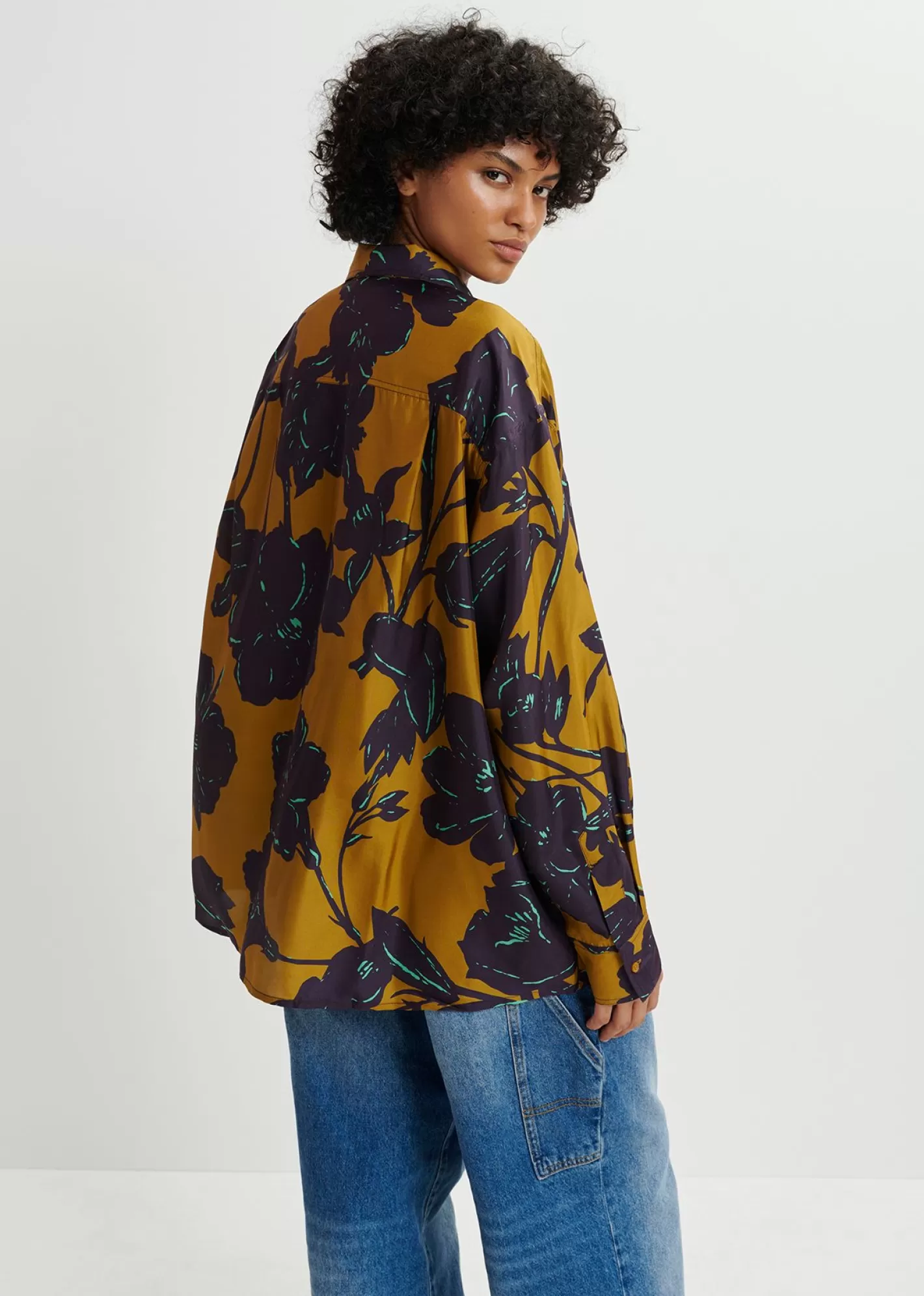 Best Sale Bronze and navy blue silk shirt with floral print FLUID Collection | Prints