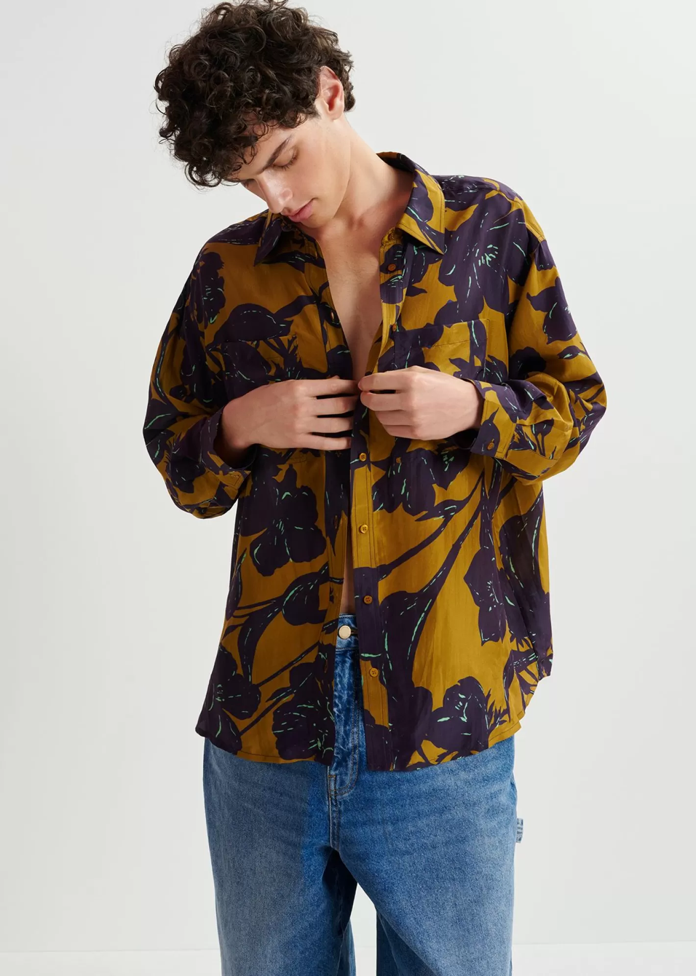 Best Sale Bronze and navy blue silk shirt with floral print FLUID Collection | Prints