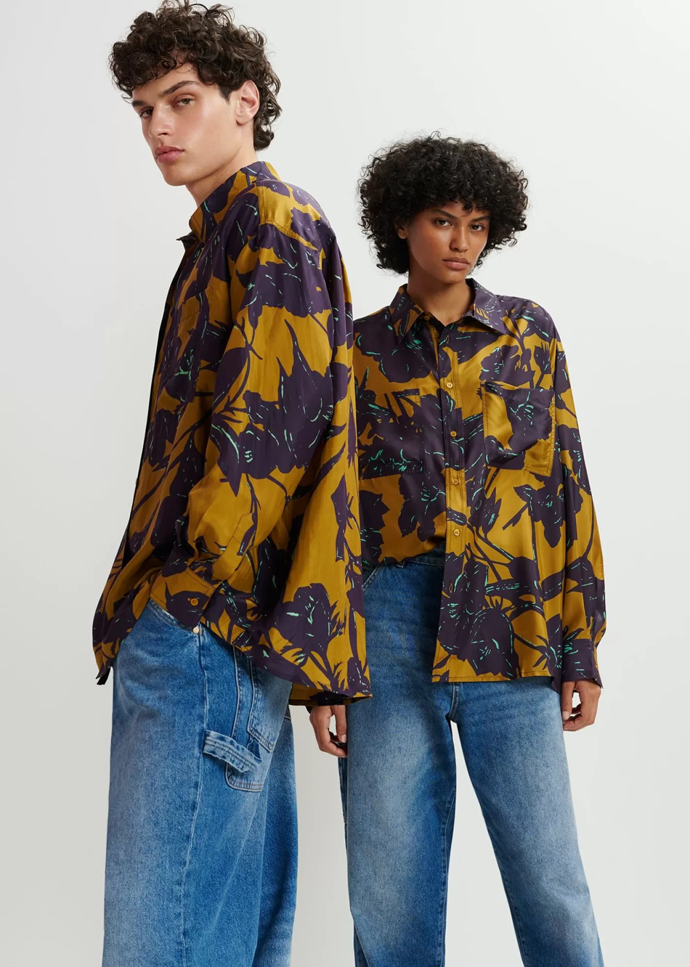 Best Sale Bronze and navy blue silk shirt with floral print FLUID Collection | Prints
