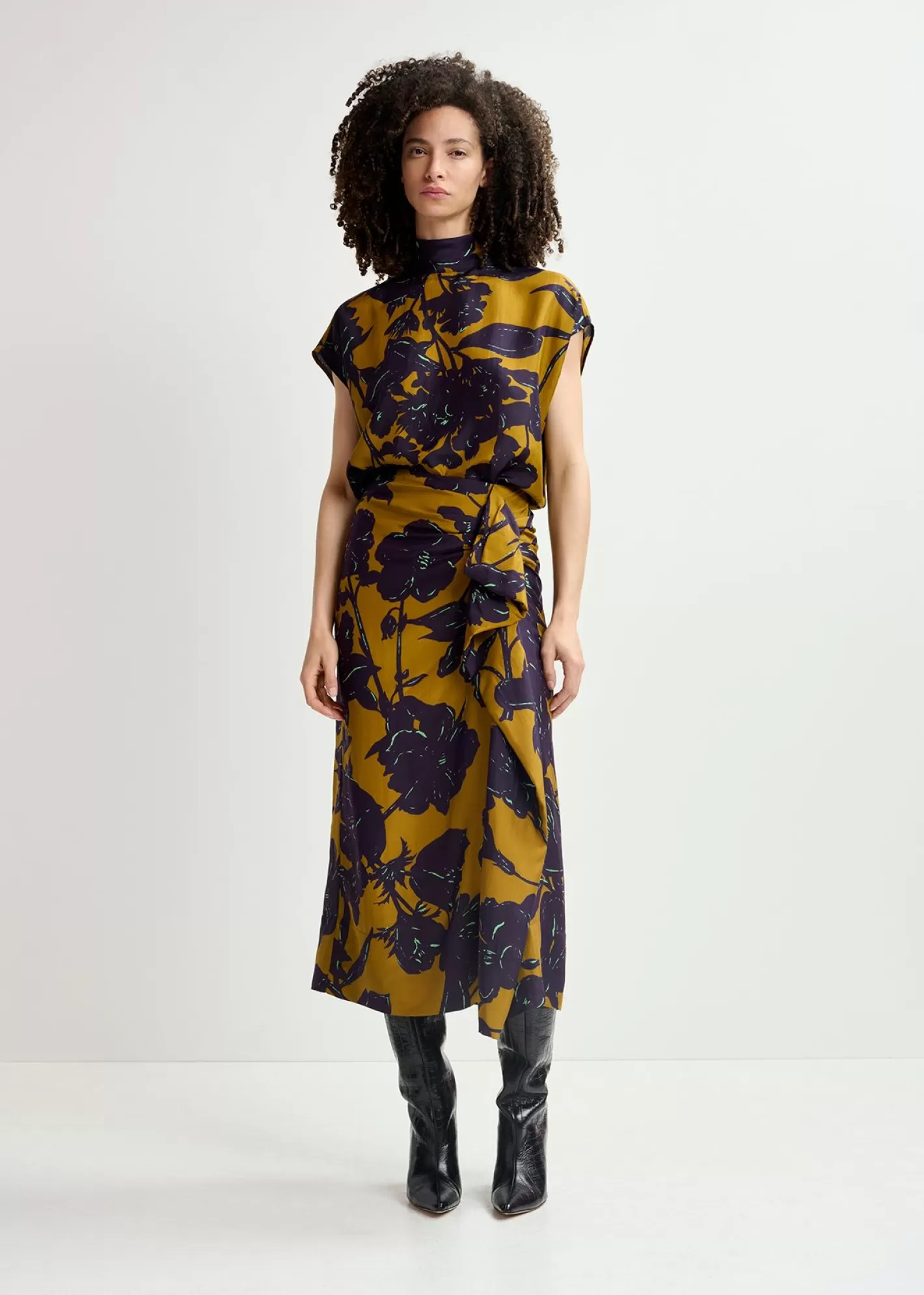 Flash Sale Bronze silk draped midi skirt with floral print Fall 2024 Collection | Prints