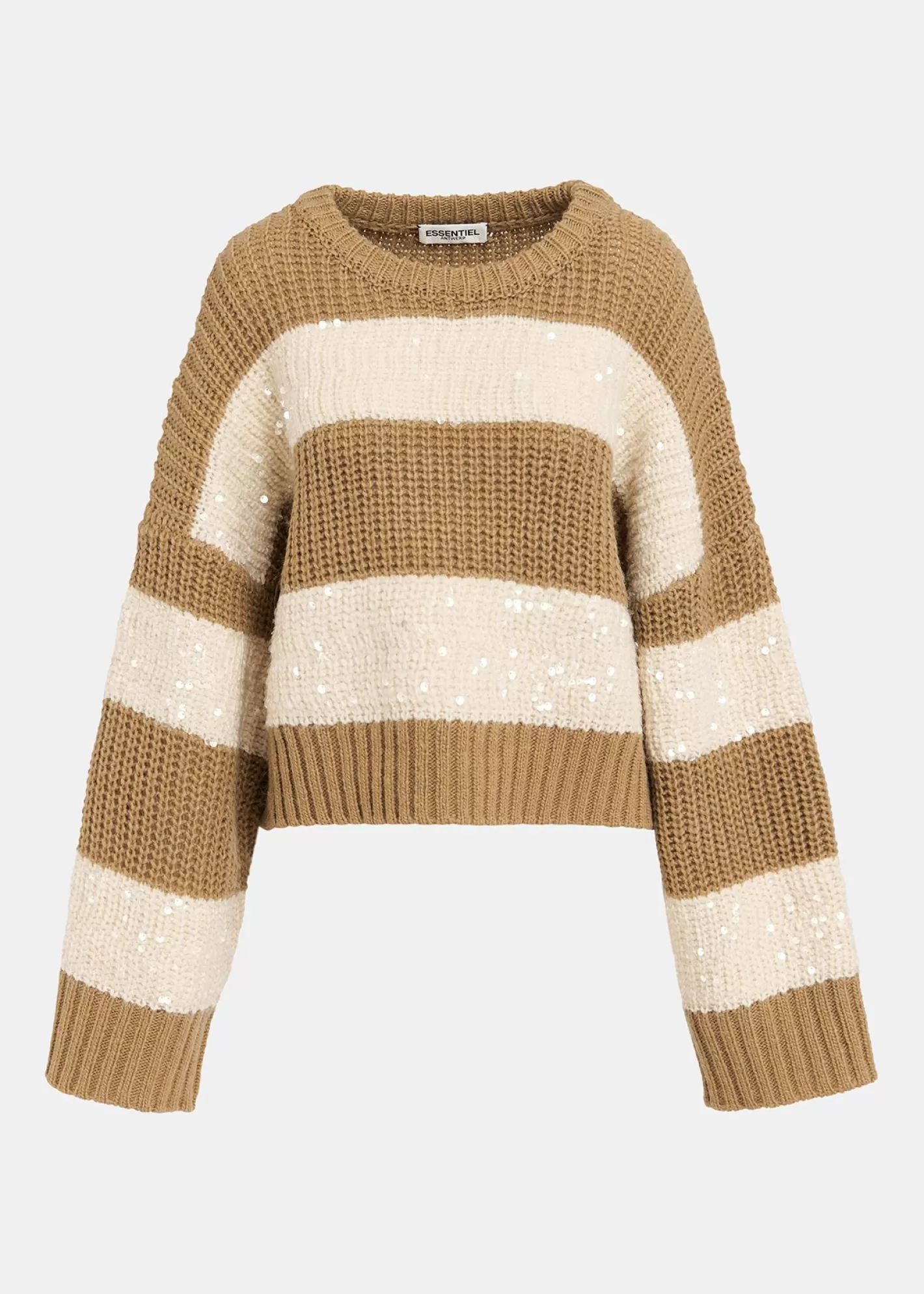 Cheap Brown and ecru knit sweater with sequin-embellished stripes Fall 2024 Collection | Sweaters & Cardigans