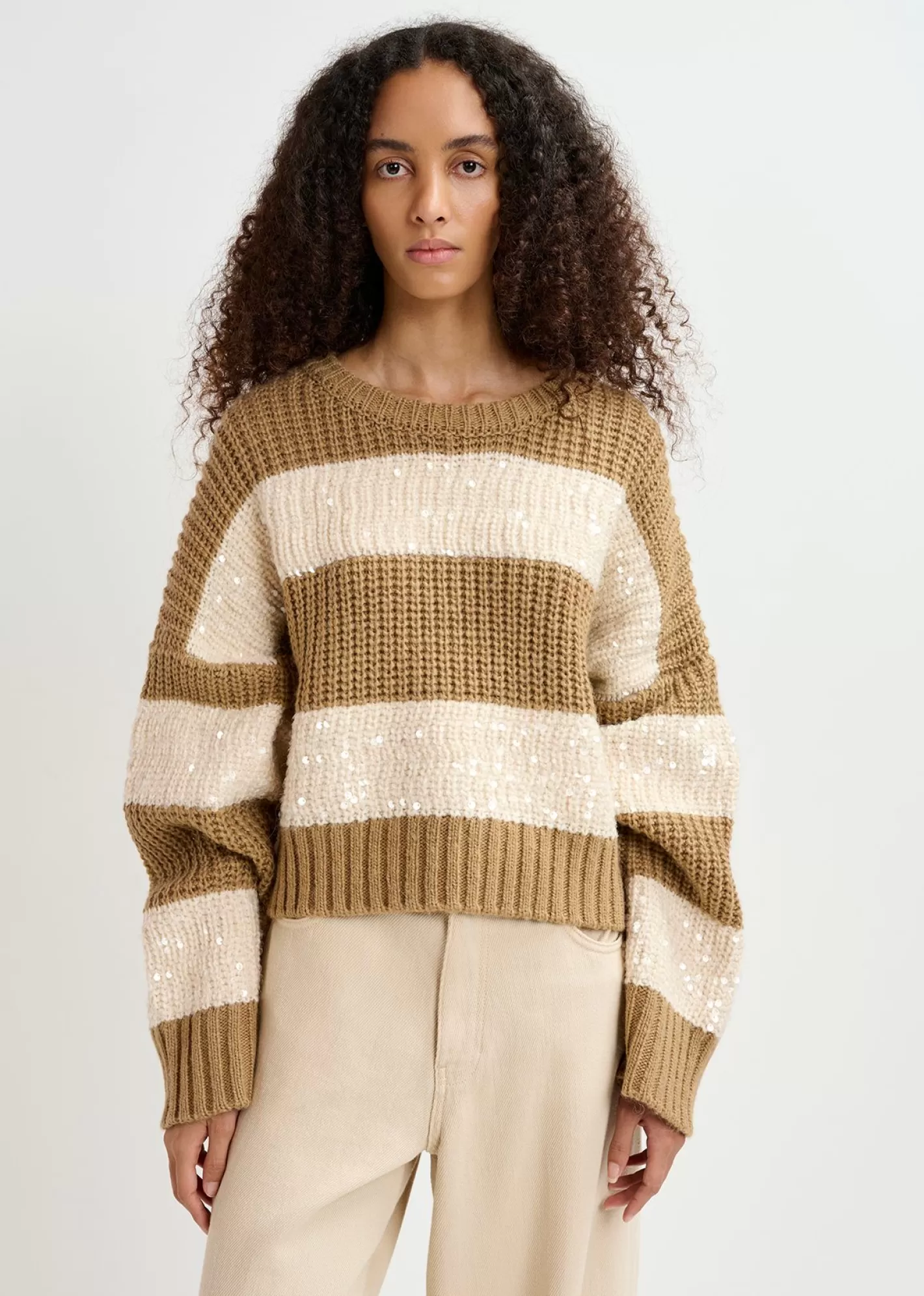 Cheap Brown and ecru knit sweater with sequin-embellished stripes Fall 2024 Collection | Sweaters & Cardigans