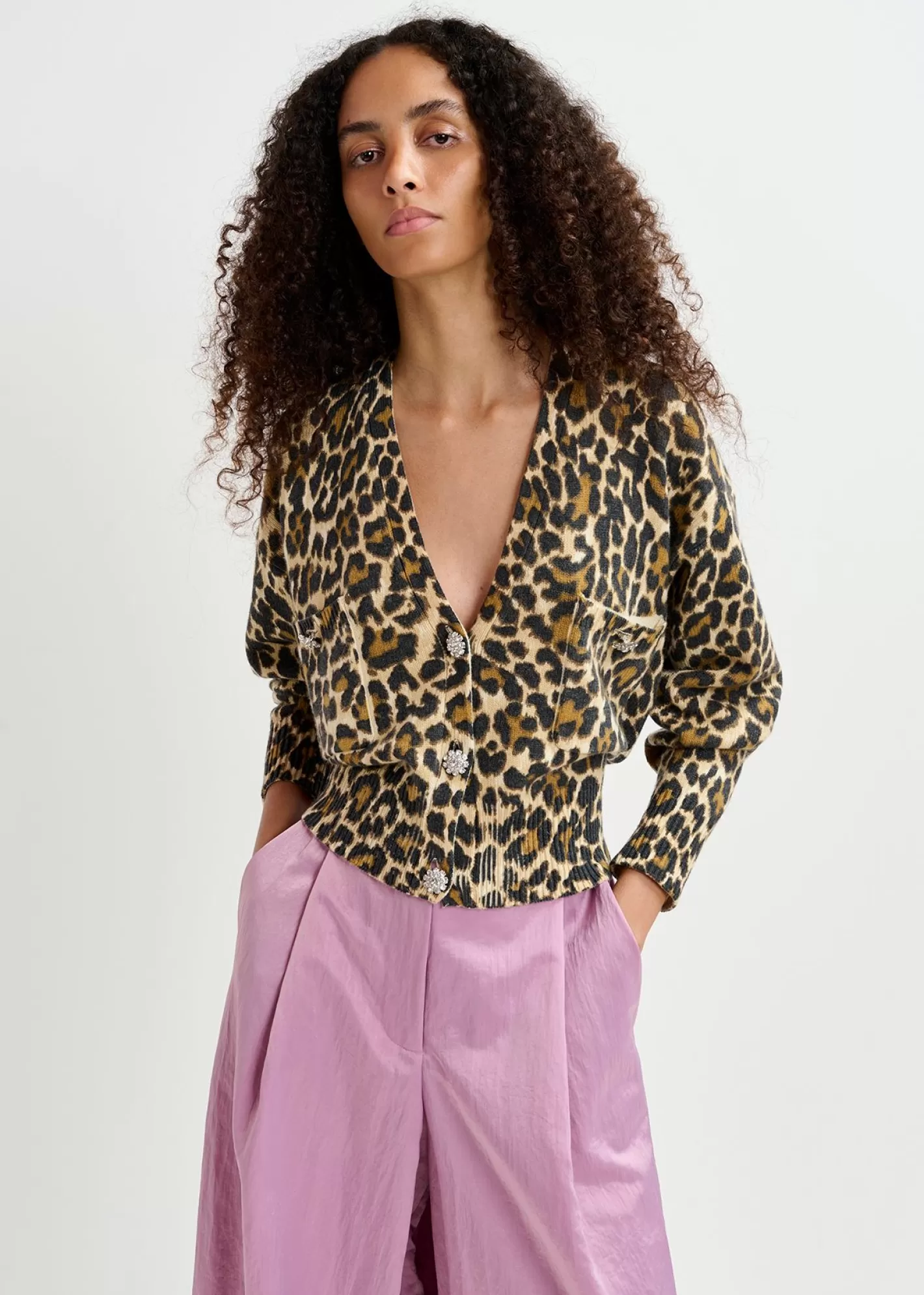 Shop Brown leopard jacquard-knitted V-neck cardigan Fall 2024 Collection | Prints