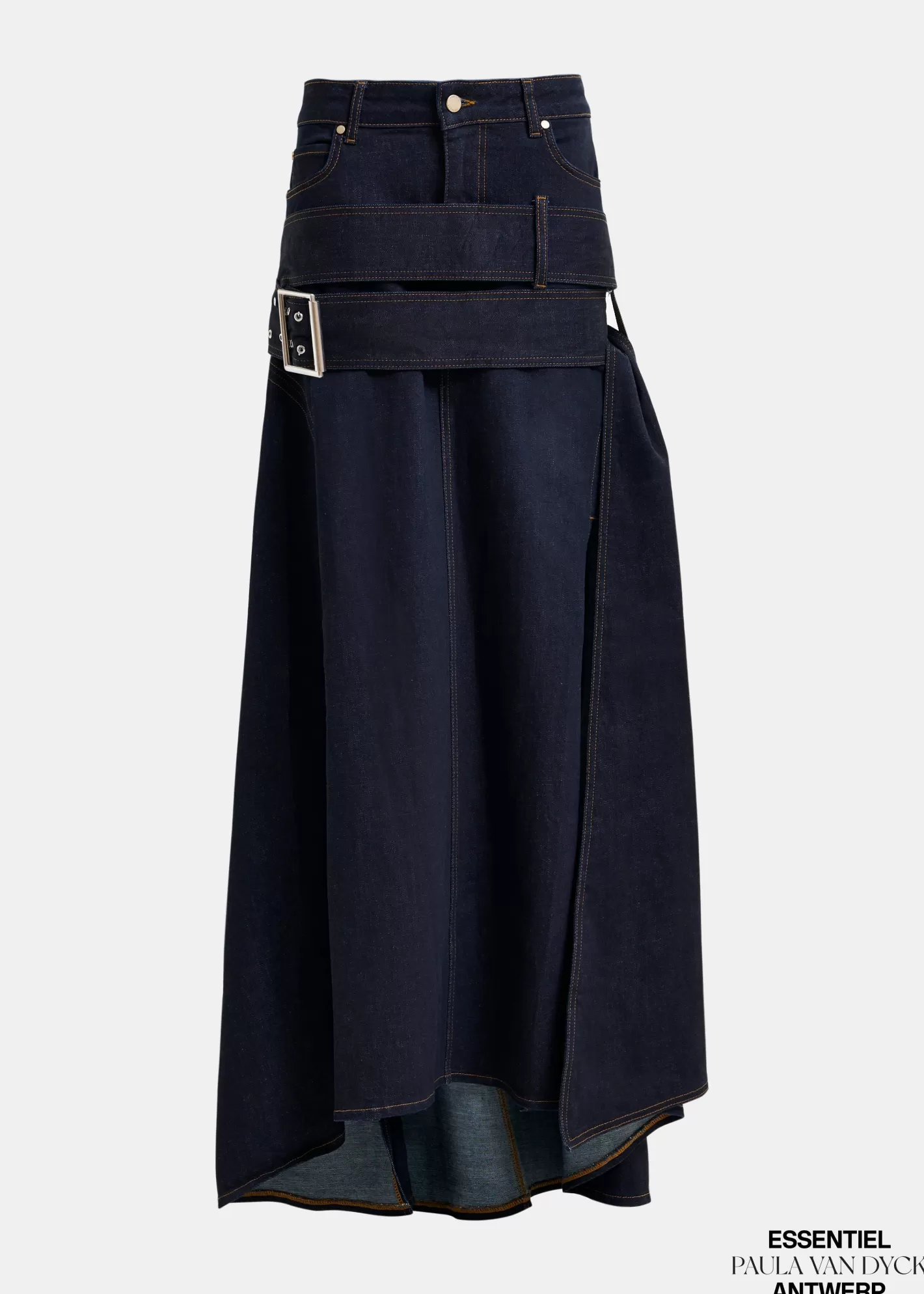 Outlet Dark blue asymmetrical midi skirt with buckle fastening Paula Van Dyck X Essentiel Antwerp | Denim