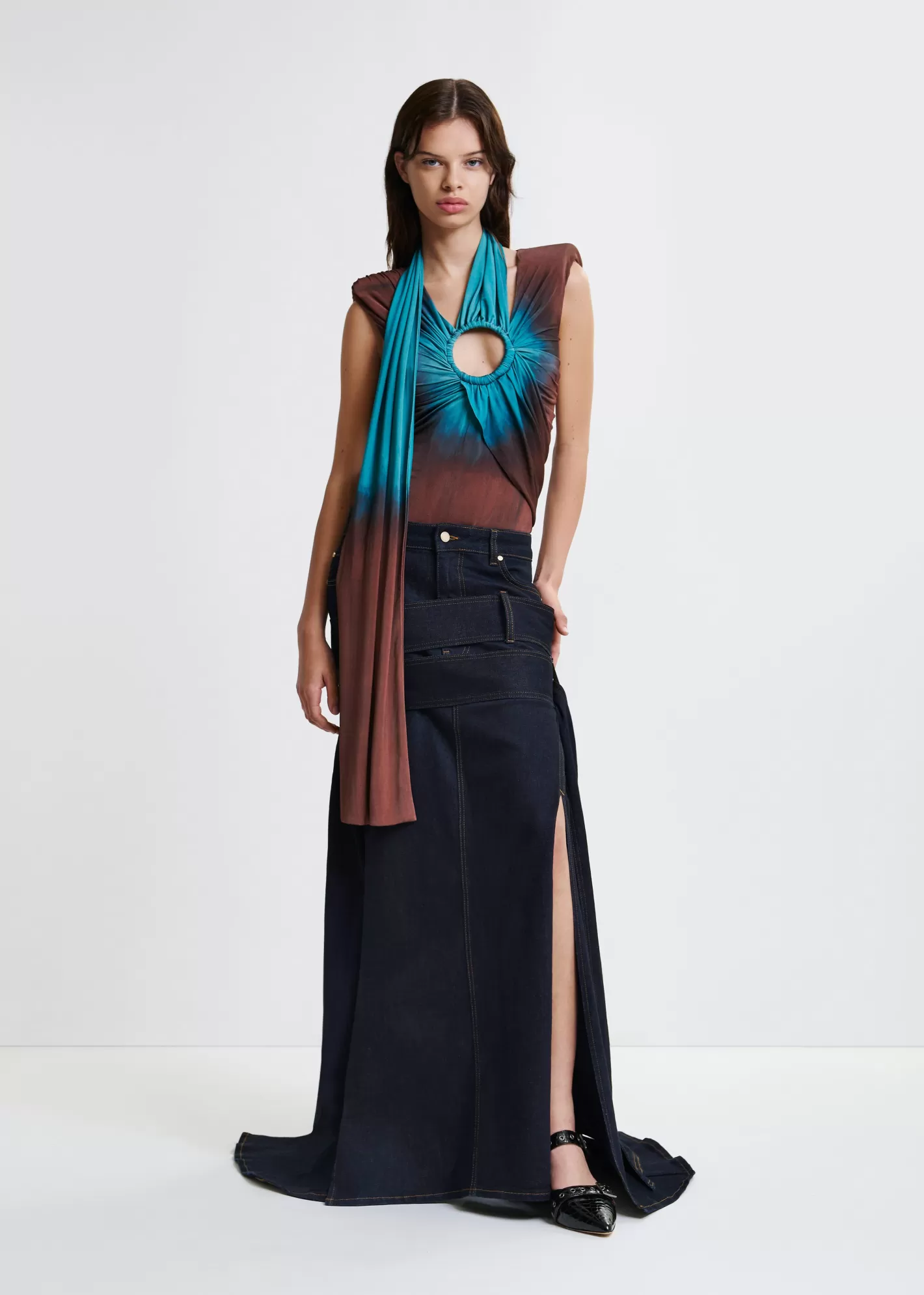 Outlet Dark blue asymmetrical midi skirt with buckle fastening Paula Van Dyck X Essentiel Antwerp | Denim