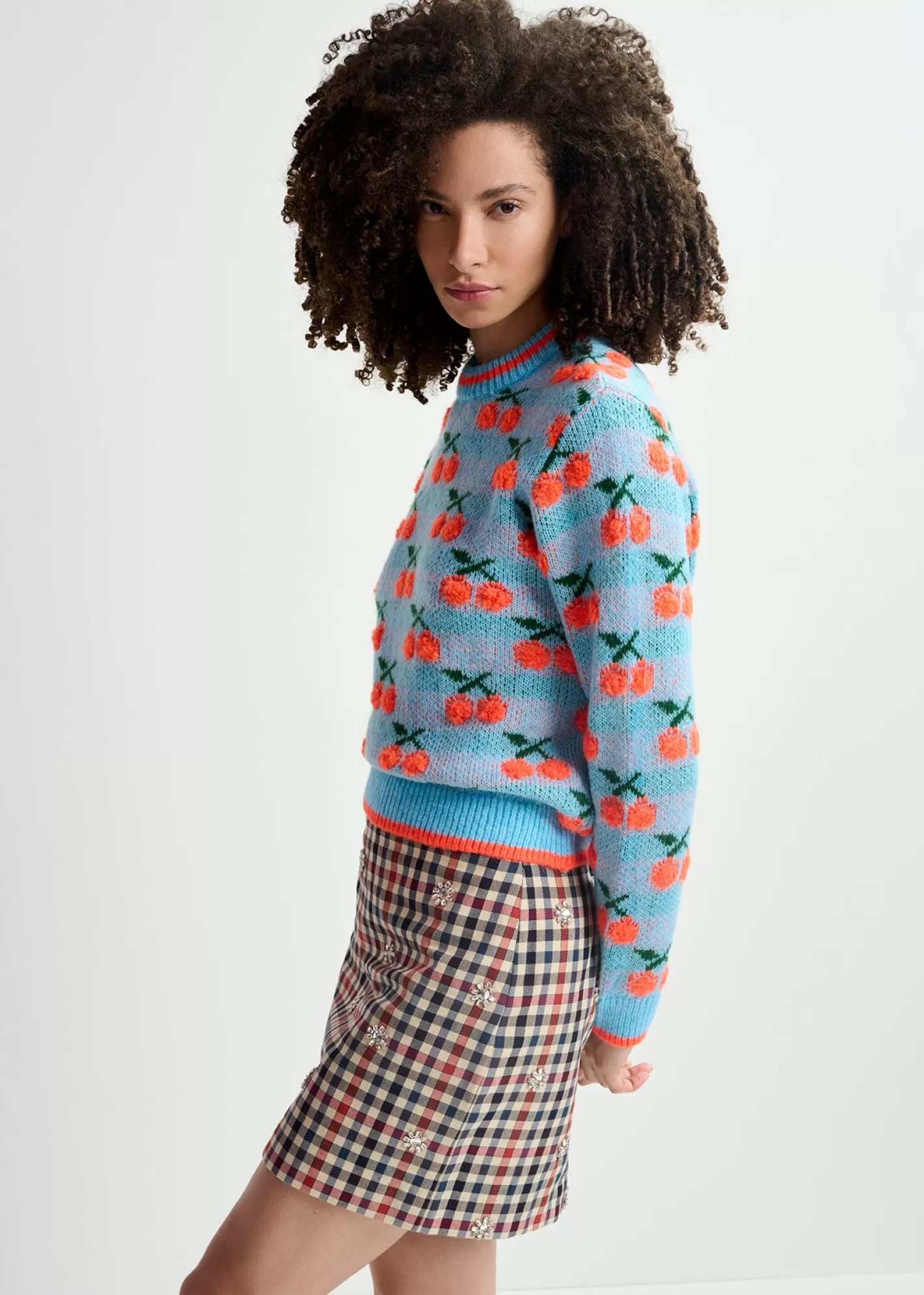 Outlet Dark blue, beige and red checkered miniskirt with rhinestone embellishments Prints | Skirts