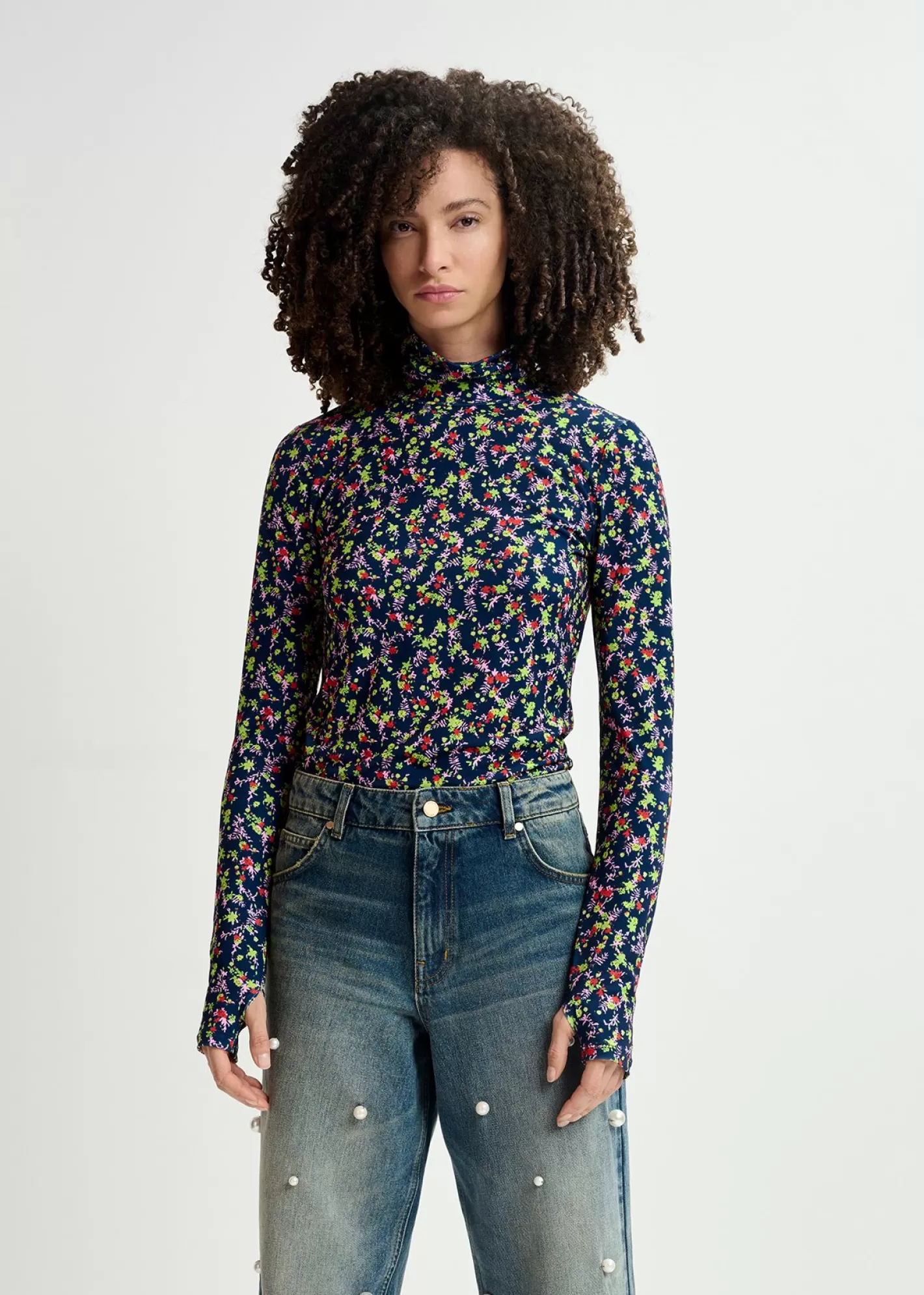 Clearance Dark blue floral-print turtleneck top Prints | T-shirts