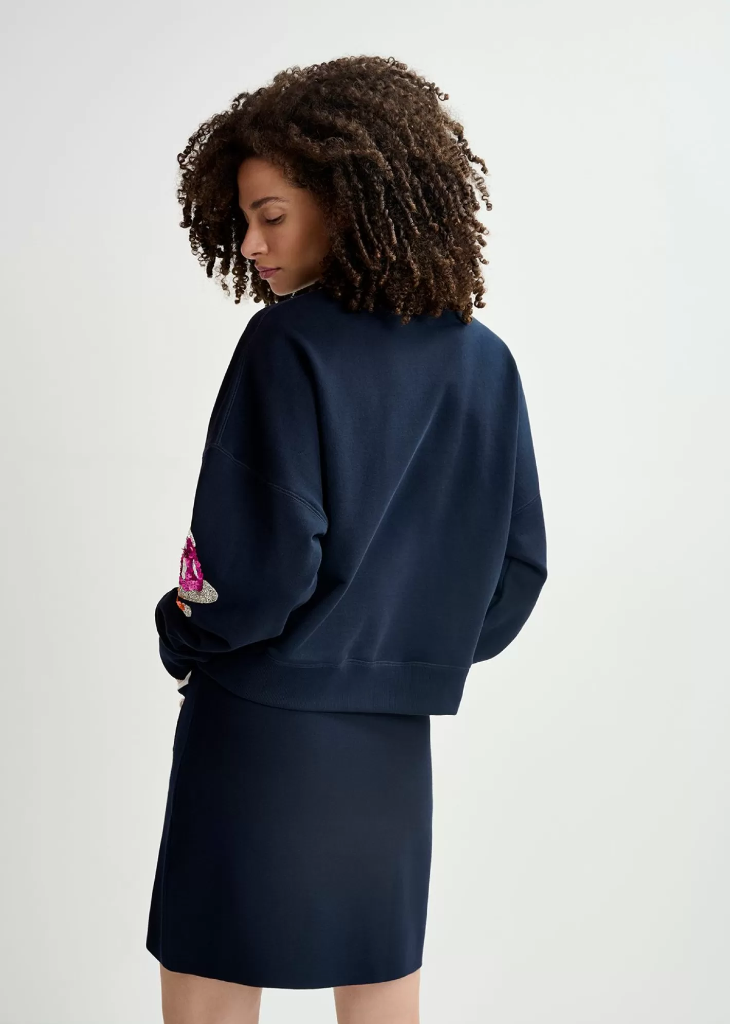Shop Dark blue knitted skirt with contrasting trims and pearl buttons Skirts