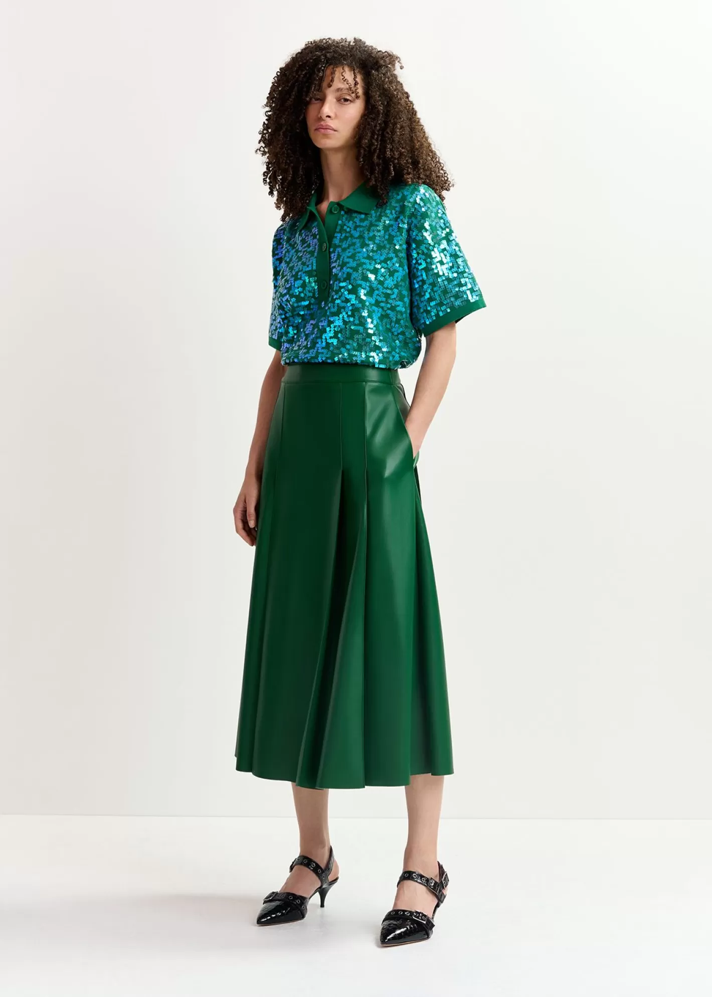 Clearance Dark green faux leather midi skirt Fall 2024 Collection | Skirts