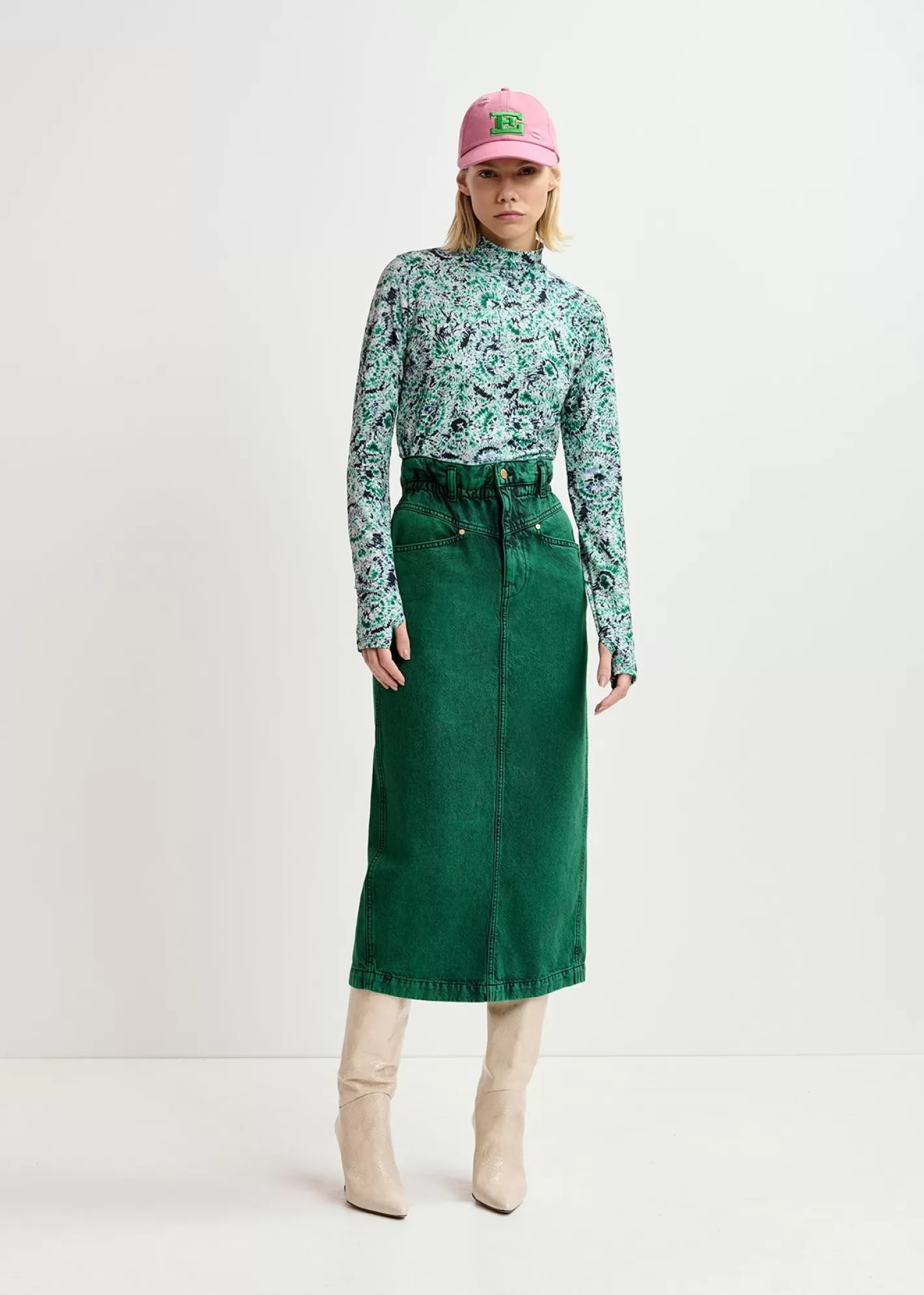 Sale Dark green overdyed midi skirt with paperbag waist Fall 2024 Collection | Denim