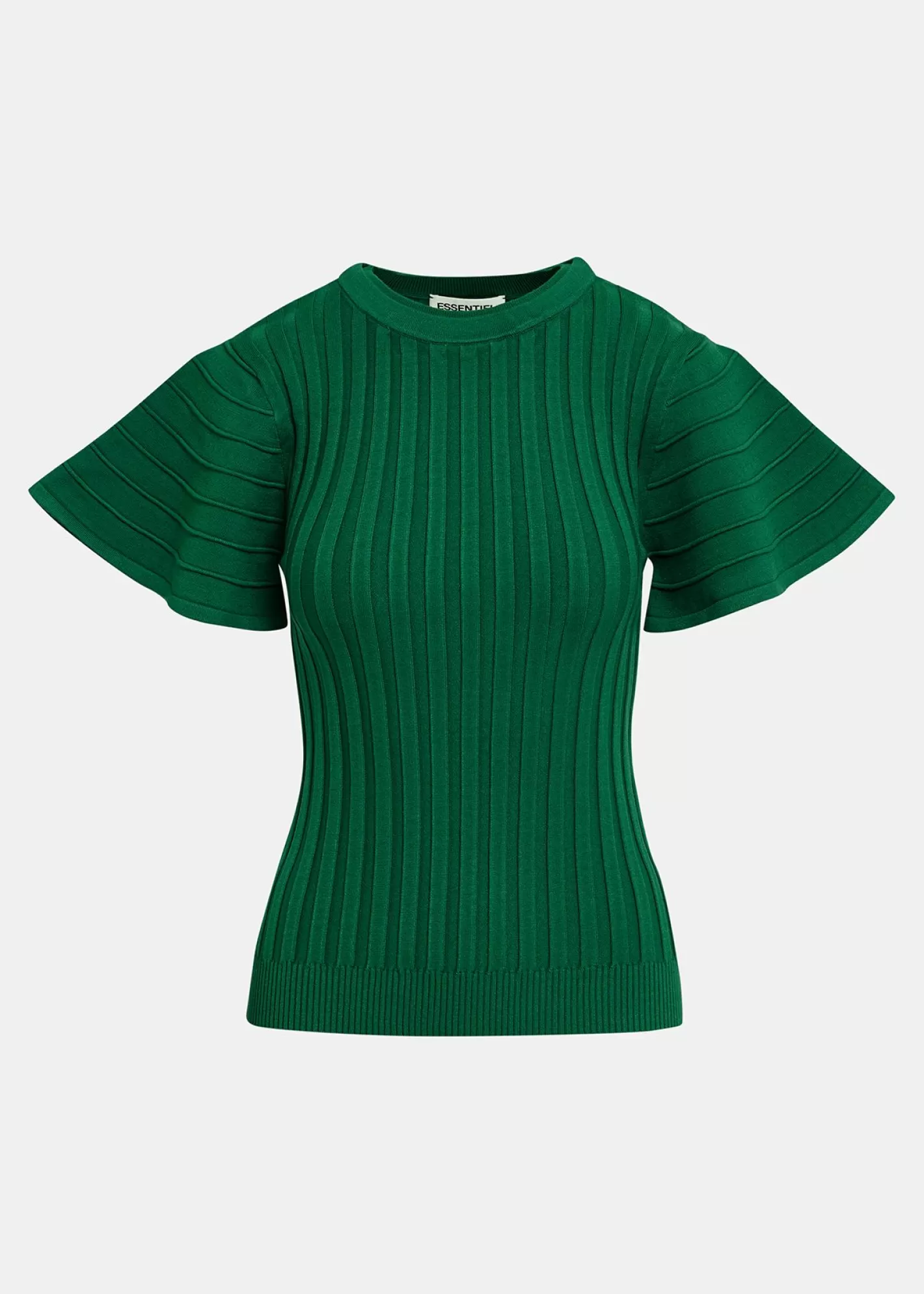 New Dark green rib-knitted top with flared short sleeves Fall 2024 Collection | Tops & Blouses