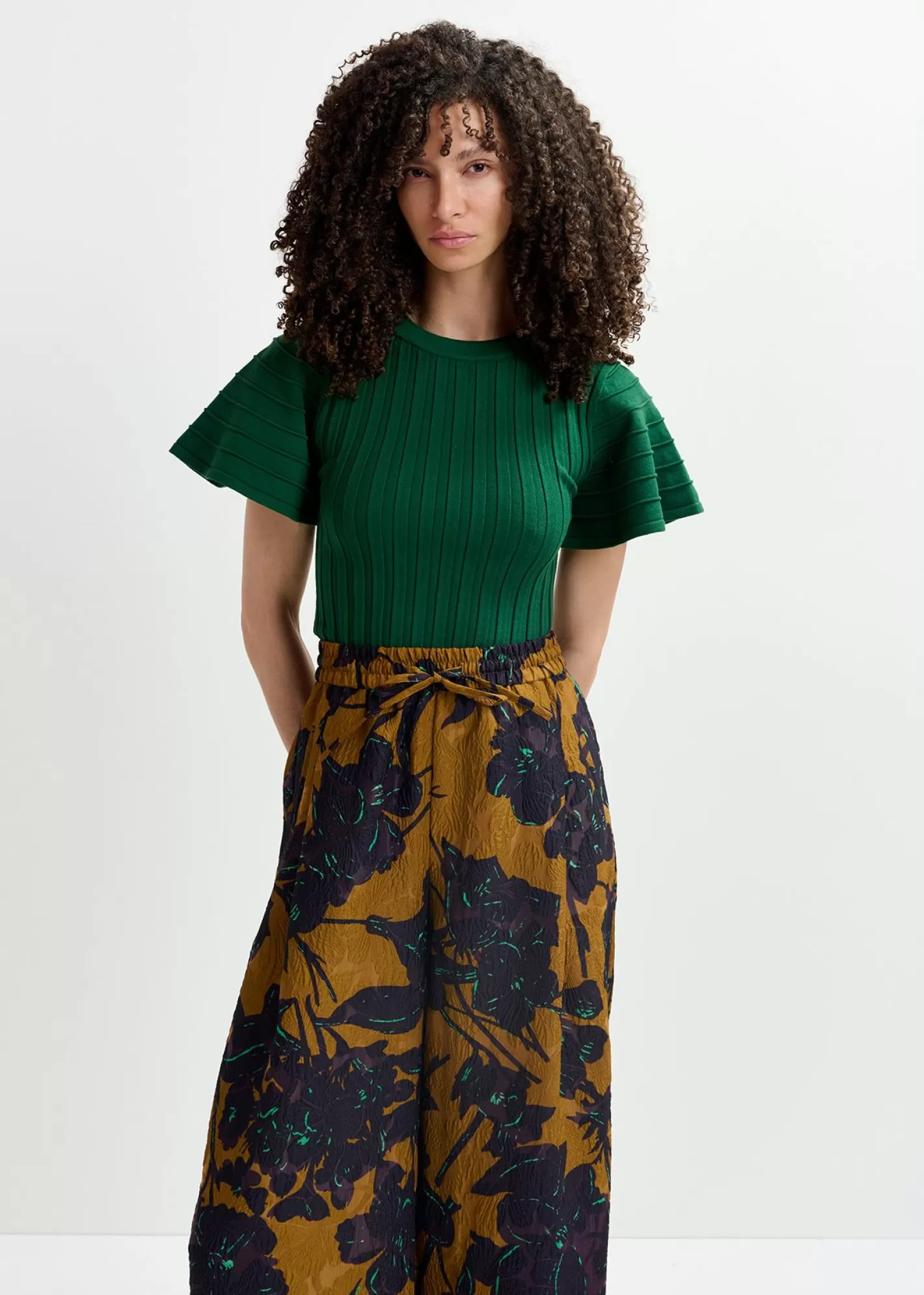 New Dark green rib-knitted top with flared short sleeves Fall 2024 Collection | Tops & Blouses