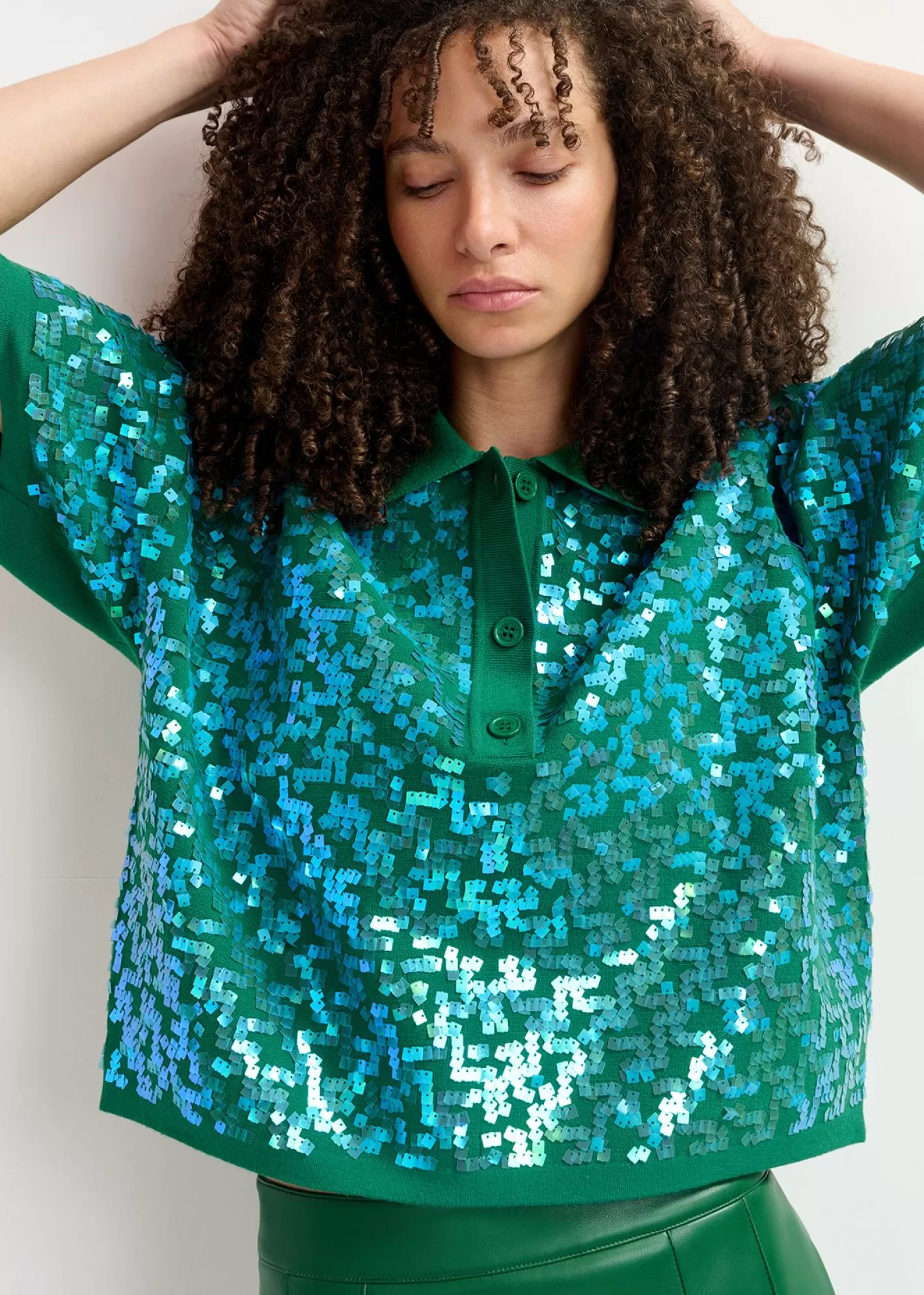 Cheap Dark green sequin-embellished polo top Fall 2024 Collection | Partywear