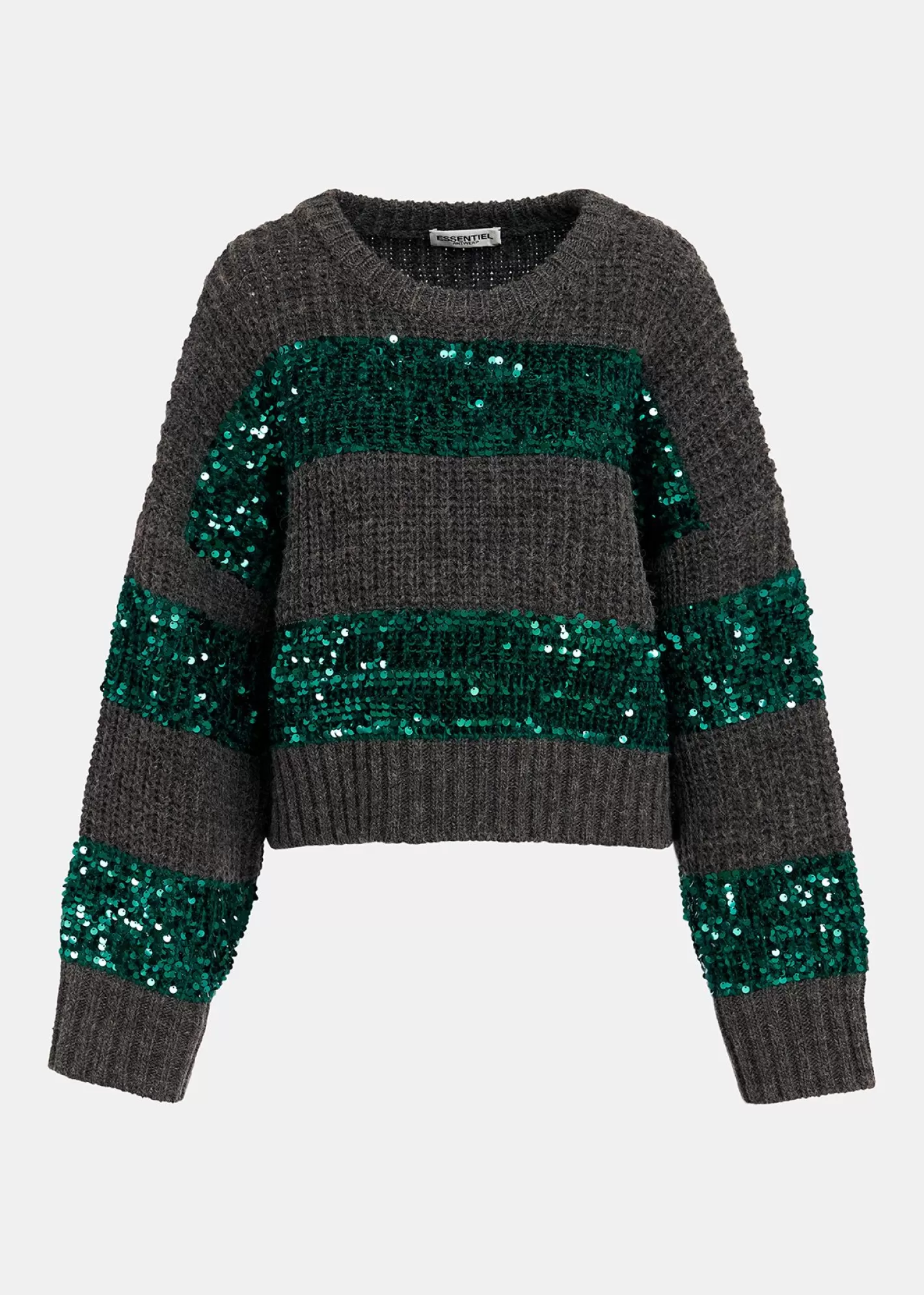 Store Dark grey and dark green knit sweater with sequin-embellished stripes Fall 2024 Collection | Sweaters & Cardigans