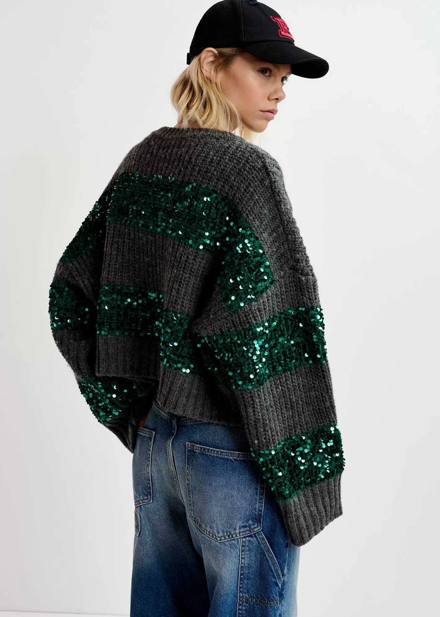 Store Dark grey and dark green knit sweater with sequin-embellished stripes Fall 2024 Collection | Sweaters & Cardigans