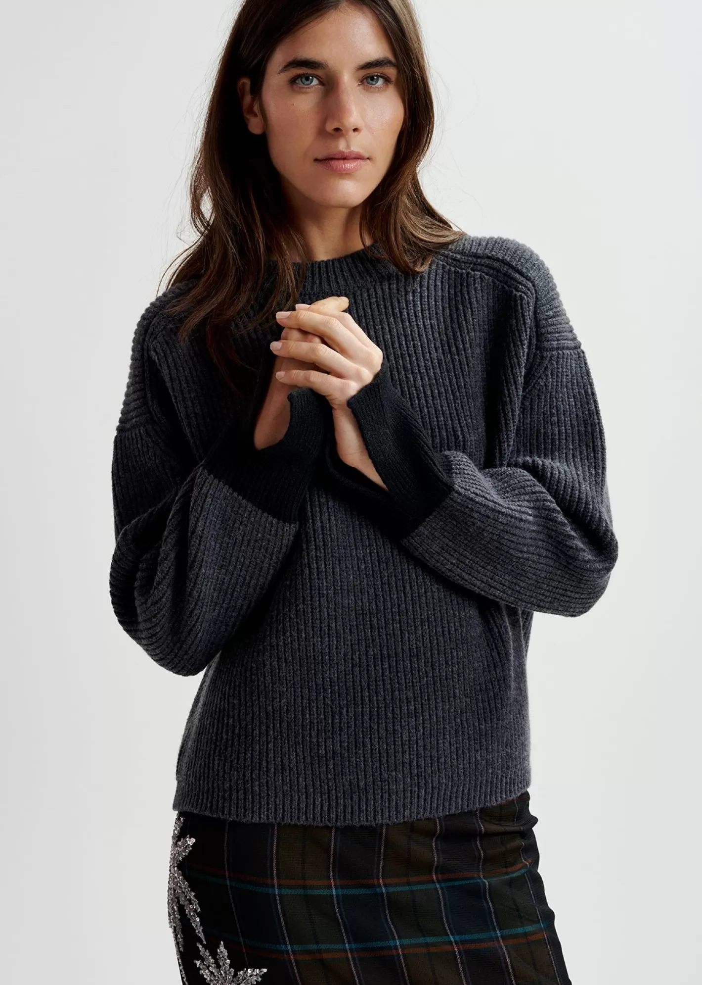 Cheap Dark grey knit sweater with contrasting cuffs Fall 2024 Collection | Sweaters & Cardigans