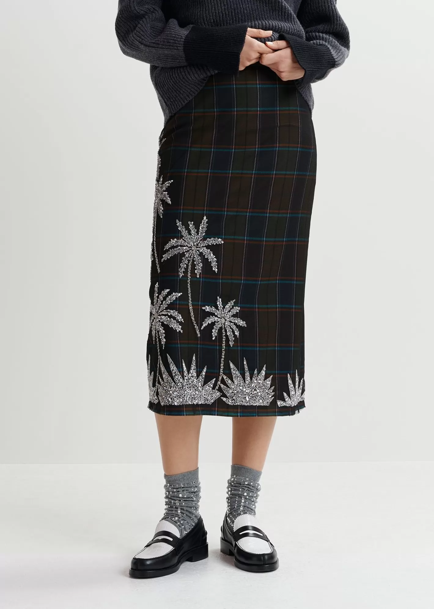 Cheap Dark khaki and navy blue checked mesh midi skirt with embroidery Fall 2024 Collection | Partywear