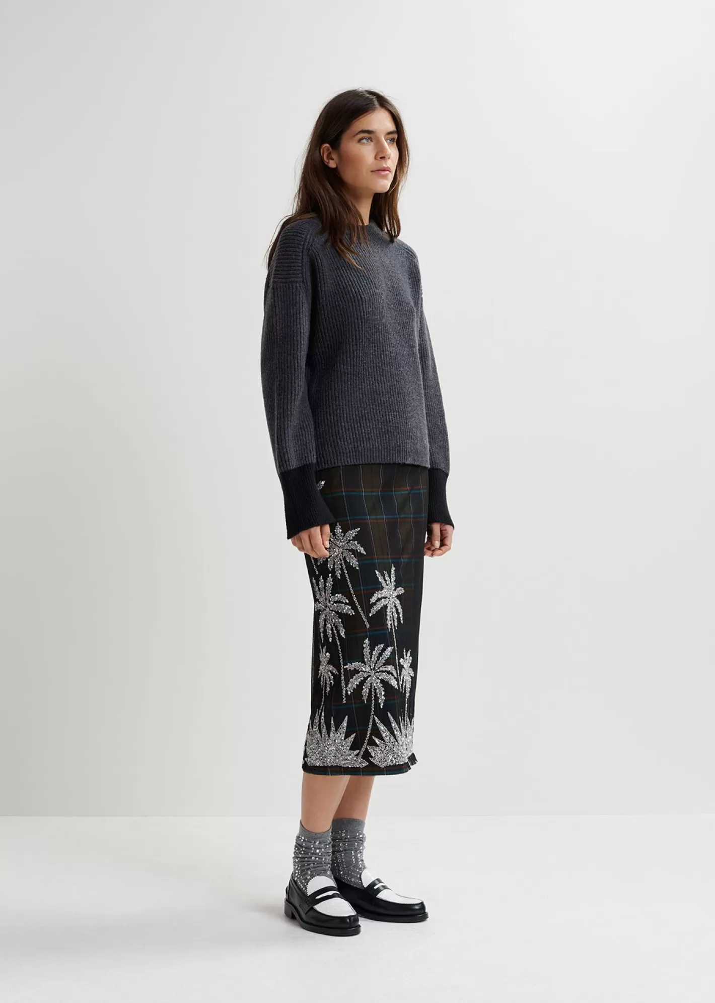 Cheap Dark khaki and navy blue checked mesh midi skirt with embroidery Fall 2024 Collection | Partywear