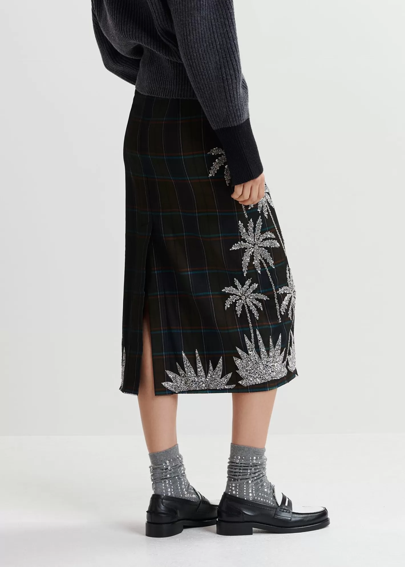 Cheap Dark khaki and navy blue checked mesh midi skirt with embroidery Fall 2024 Collection | Partywear
