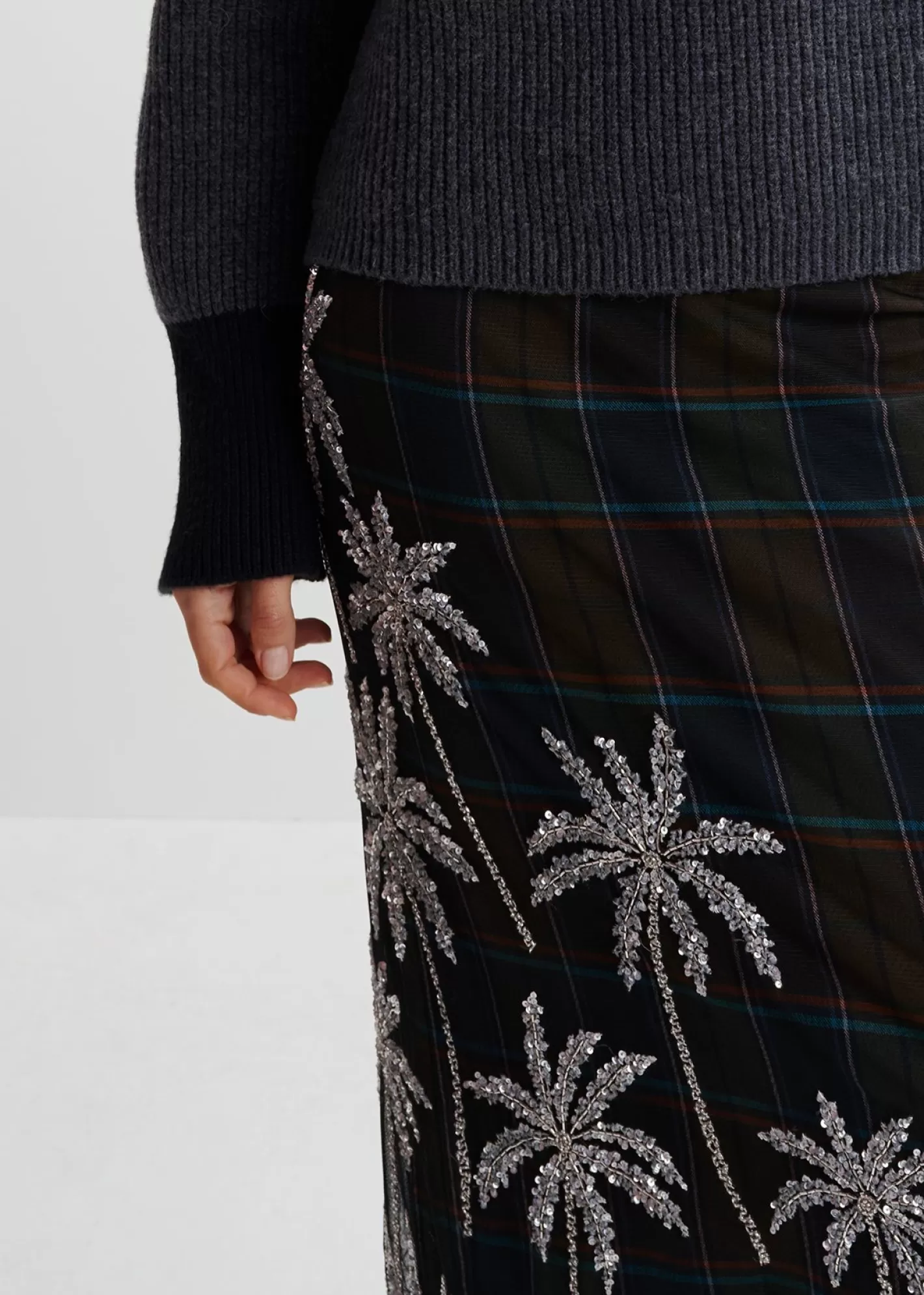 Cheap Dark khaki and navy blue checked mesh midi skirt with embroidery Fall 2024 Collection | Partywear