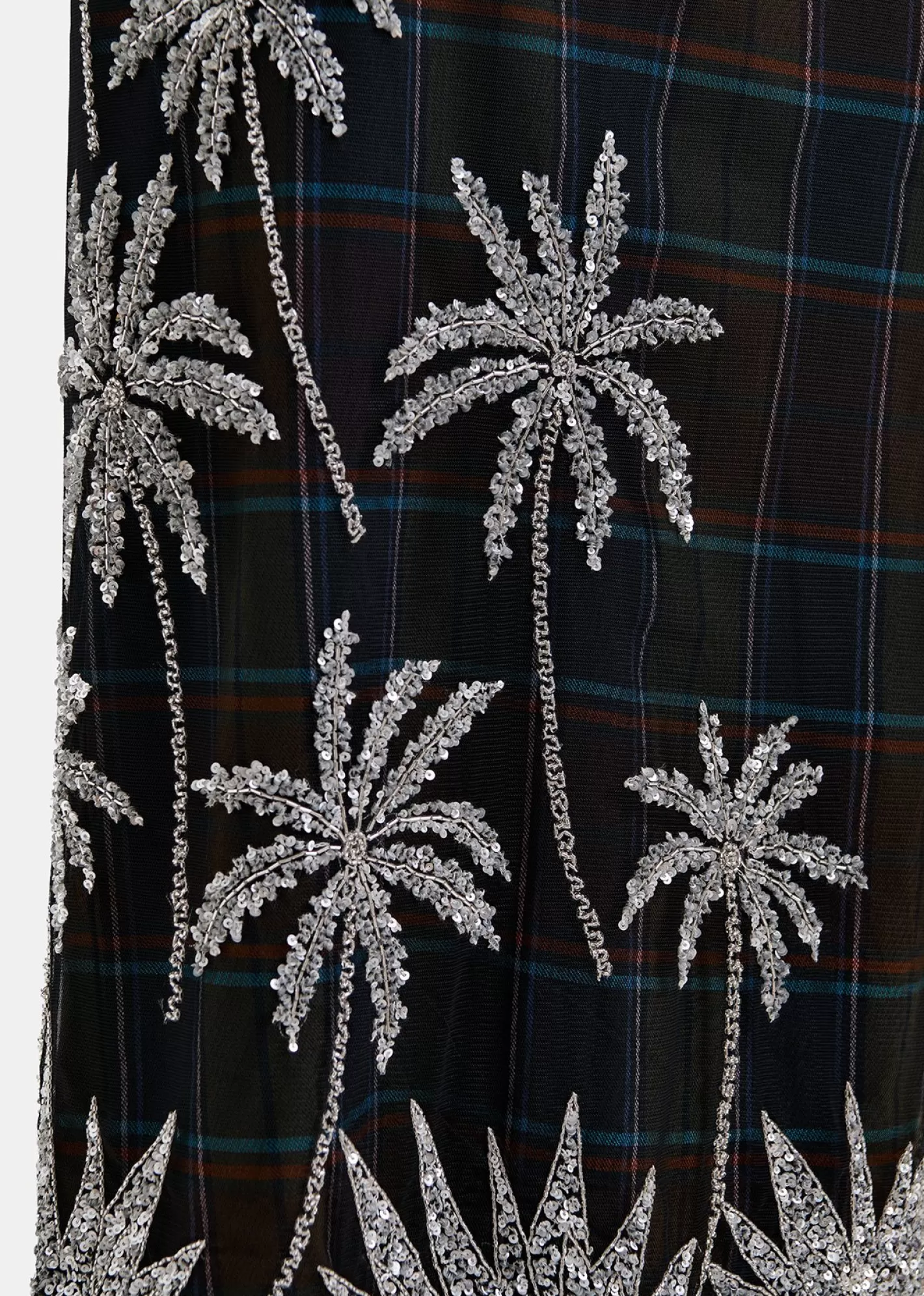 Cheap Dark khaki and navy blue checked mesh midi skirt with embroidery Fall 2024 Collection | Partywear