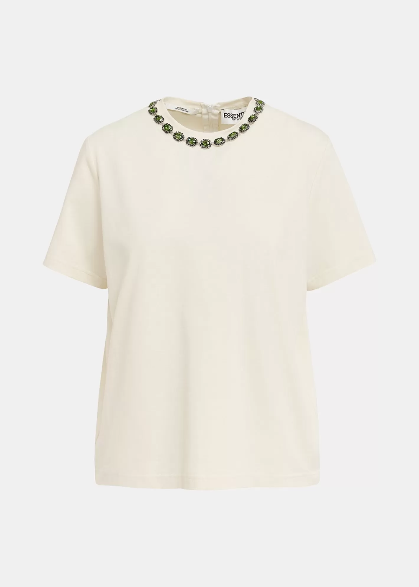 Outlet Ecru cotton T-shirt with rhinestone-embellished neckline Fall 2024 Collection | T-shirts