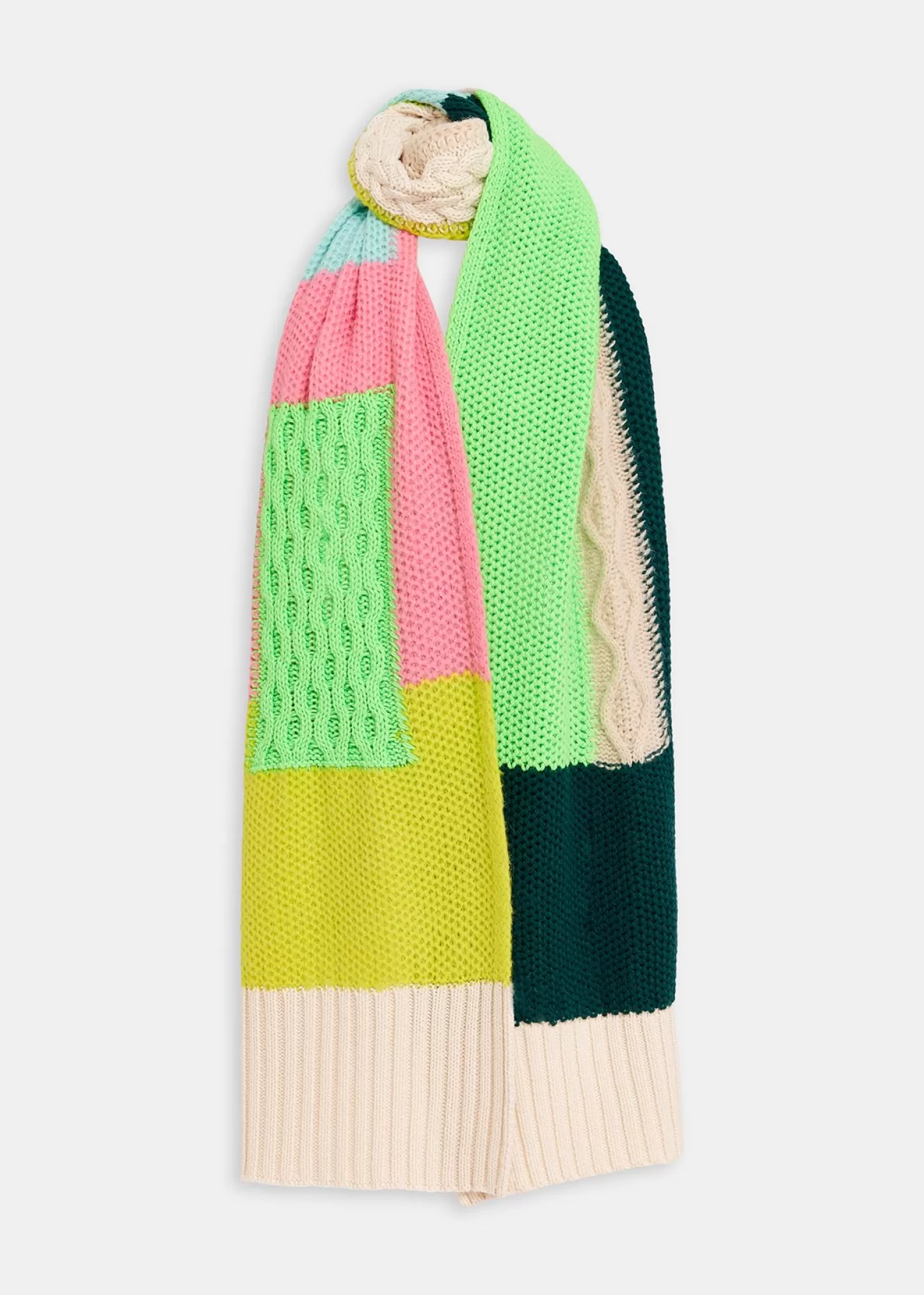 Sale Ecru, neon green and pink cable-knitted patchwork scarf Fall 2024 Collection | Scarves